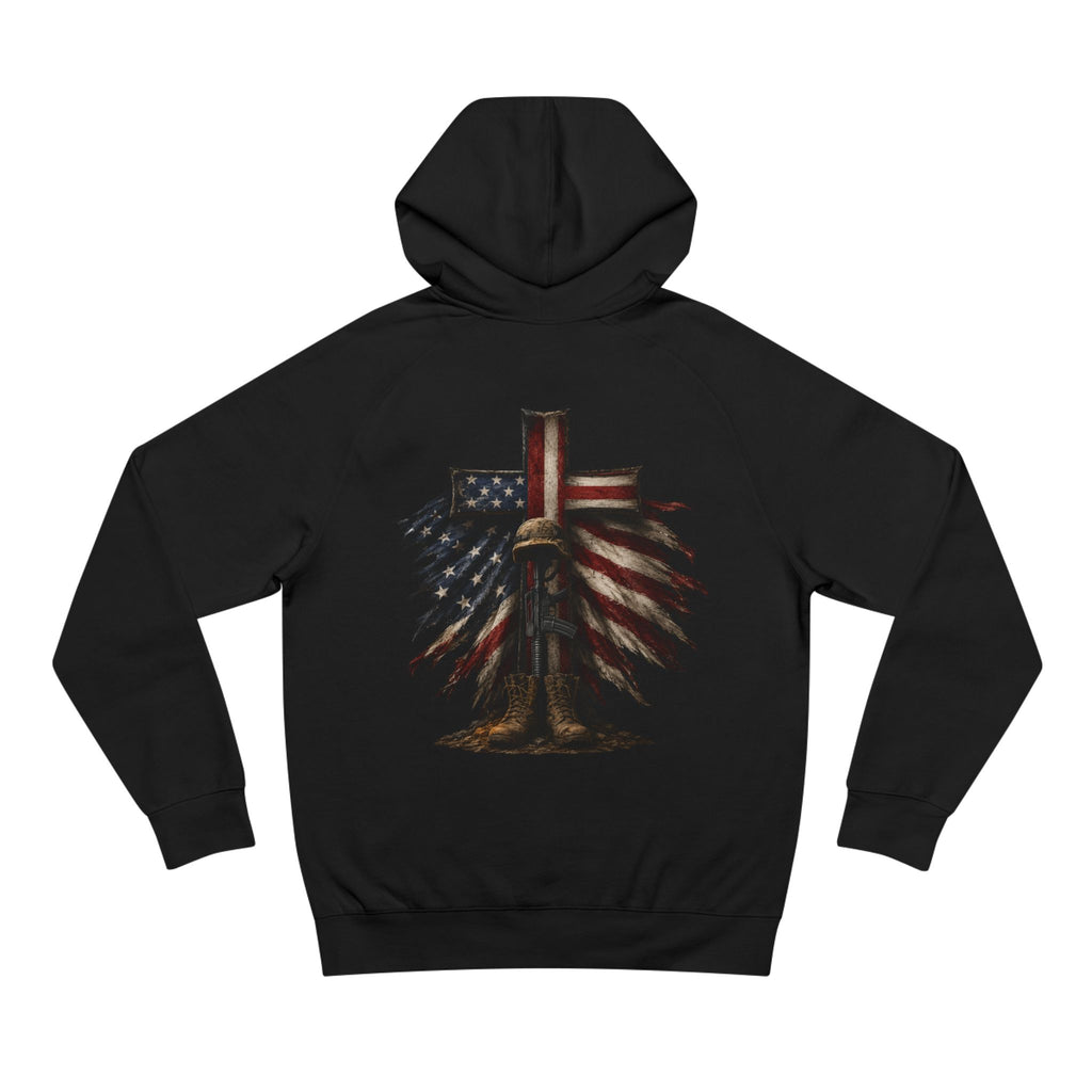 American Flag Cross Hoodie — Patriotic Skull & Wings Back Graphic