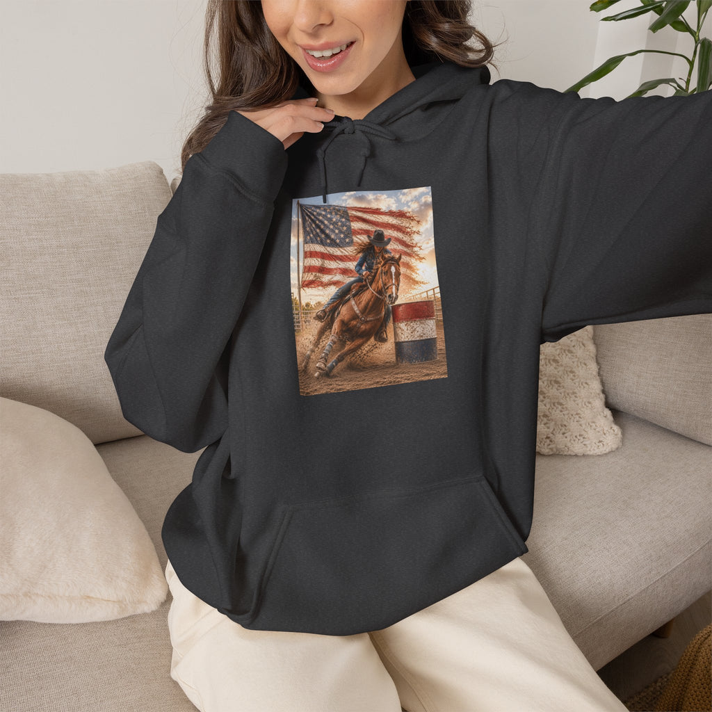 Patriotic Rodeo Horse Hoodie – American Flag Cowboy Pulled by Horse Pullover