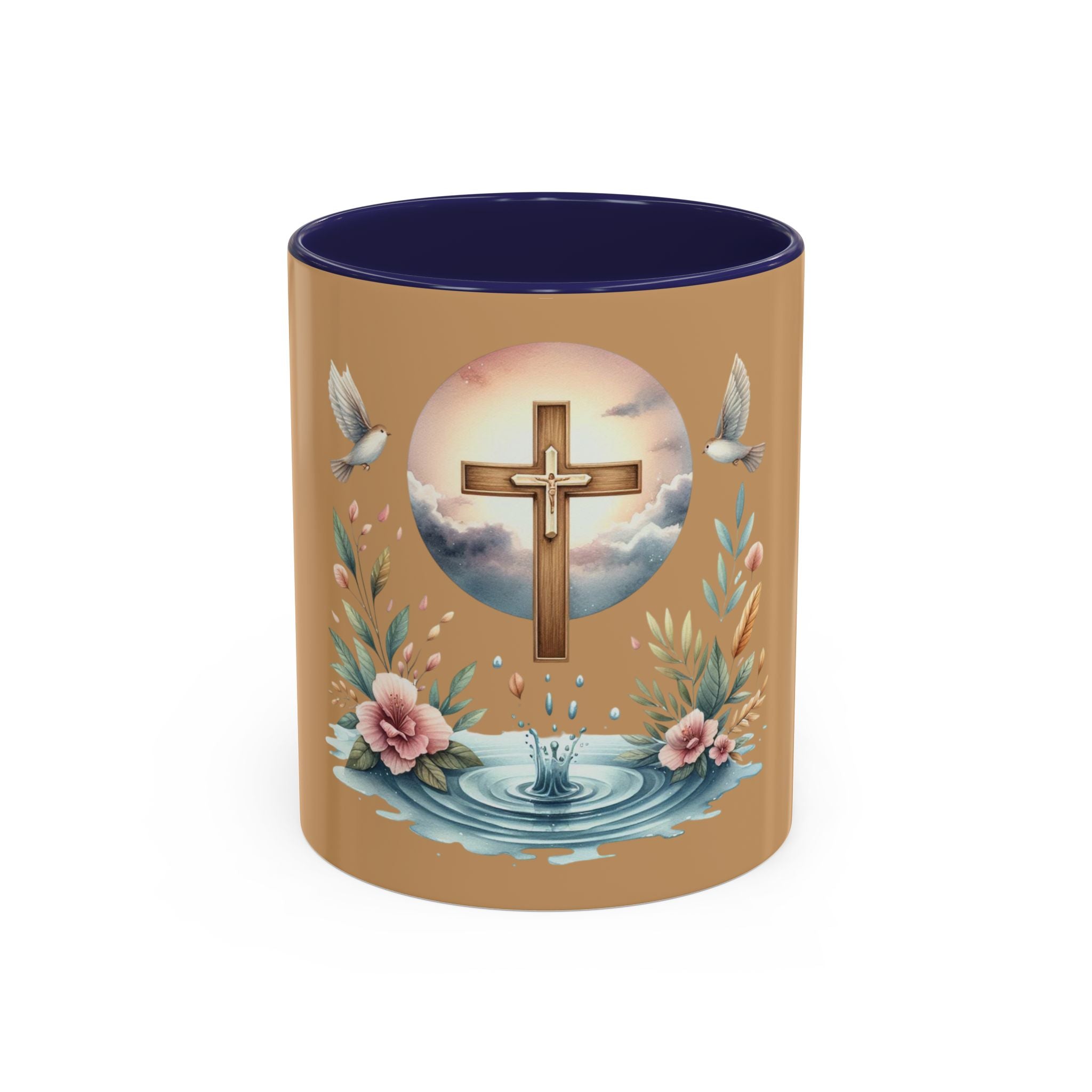 Christian Cross Accent Coffee Mug — Faith, Doves & Floral Baptism Gift (11/15oz)