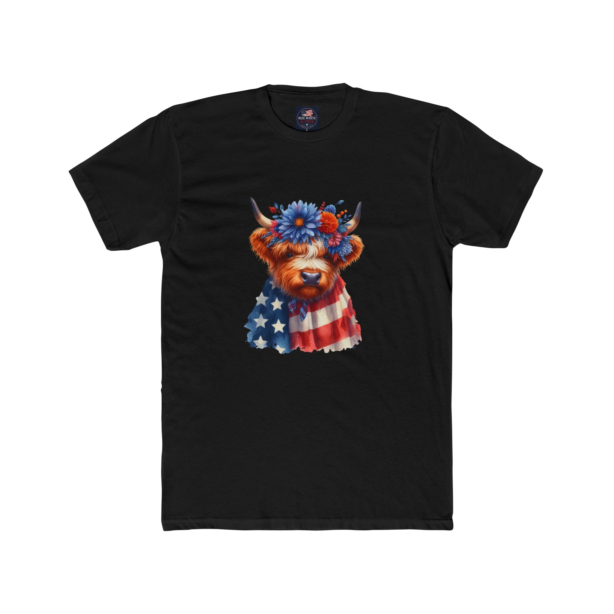 Patriotic Highland Cow T‑Shirt – American Flag & Floral Cow Graphic