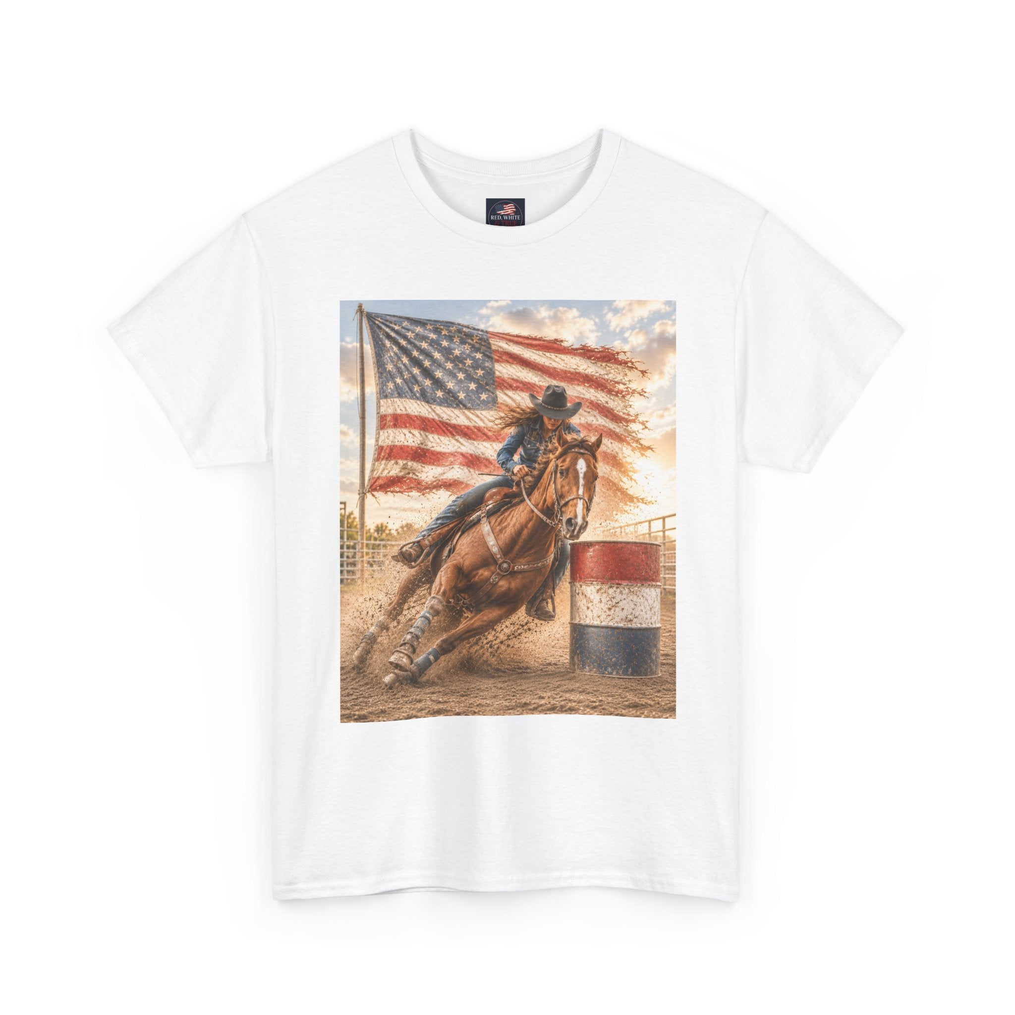 Patriotic Rodeo Barrel Racer T-Shirt — American Flag Horse Racing Tee
