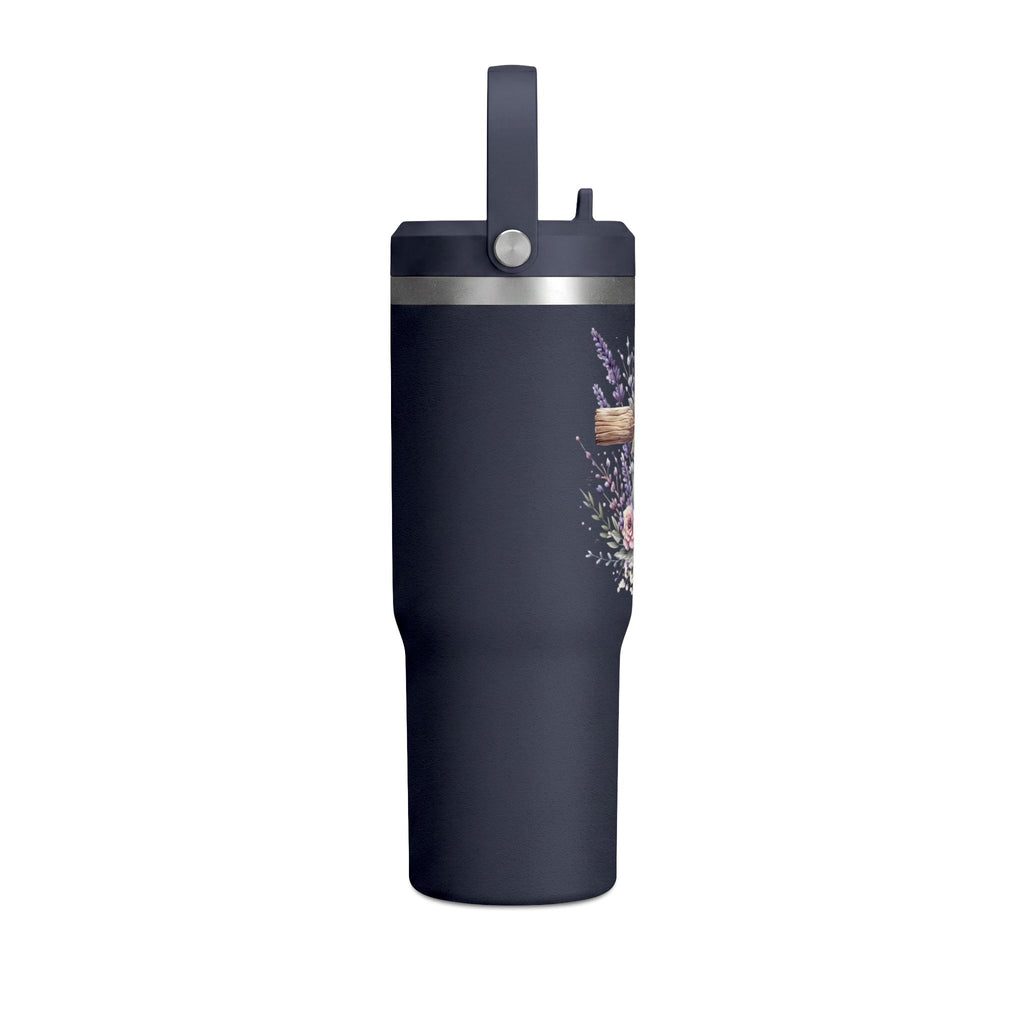 32oz Tumbler with Floral Cross Design — Christian Hydration Bottle | Lavender & Rose Nomad Tumbler
