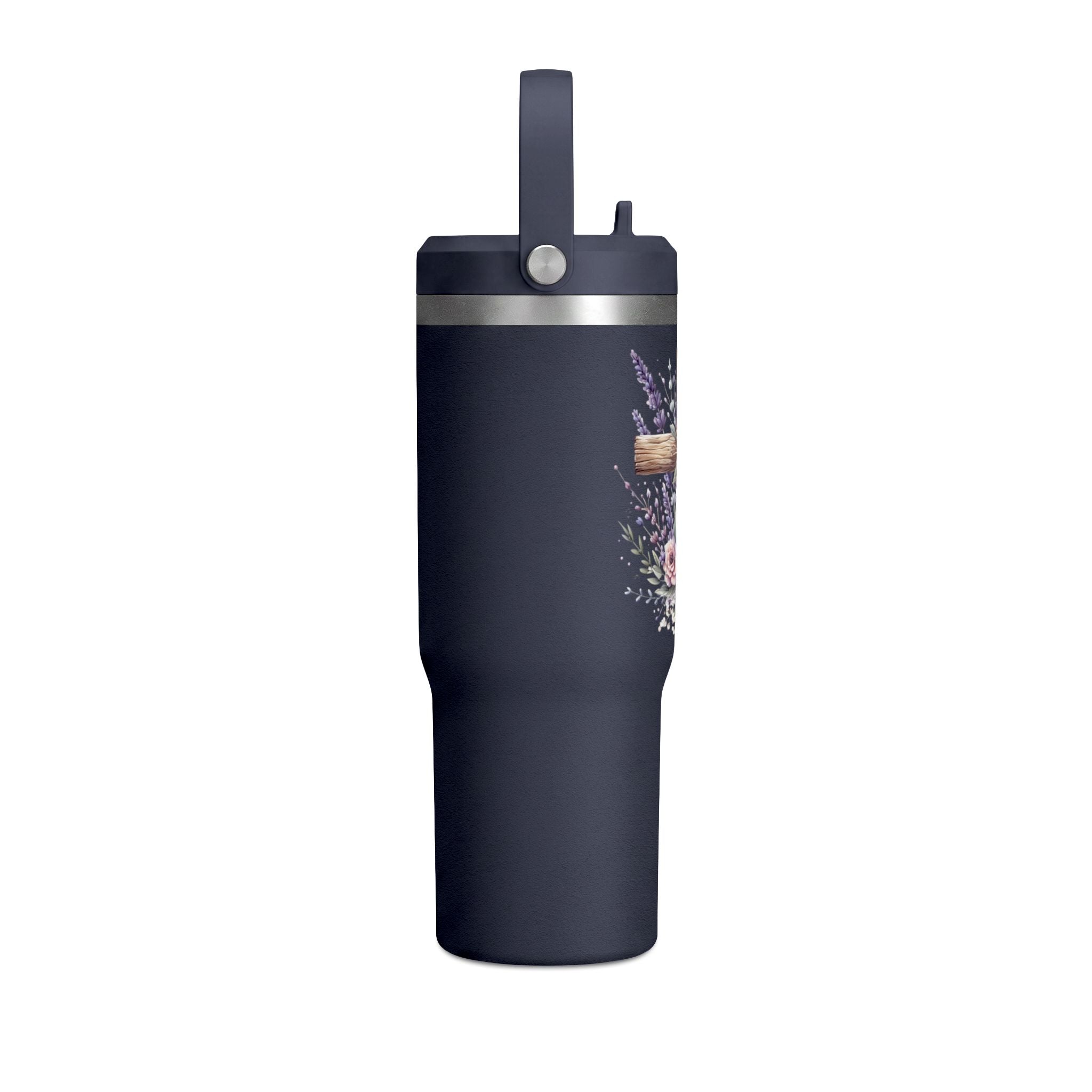 32oz Tumbler with Floral Cross Design — Christian Hydration Bottle | Lavender & Rose Nomad Tumbler