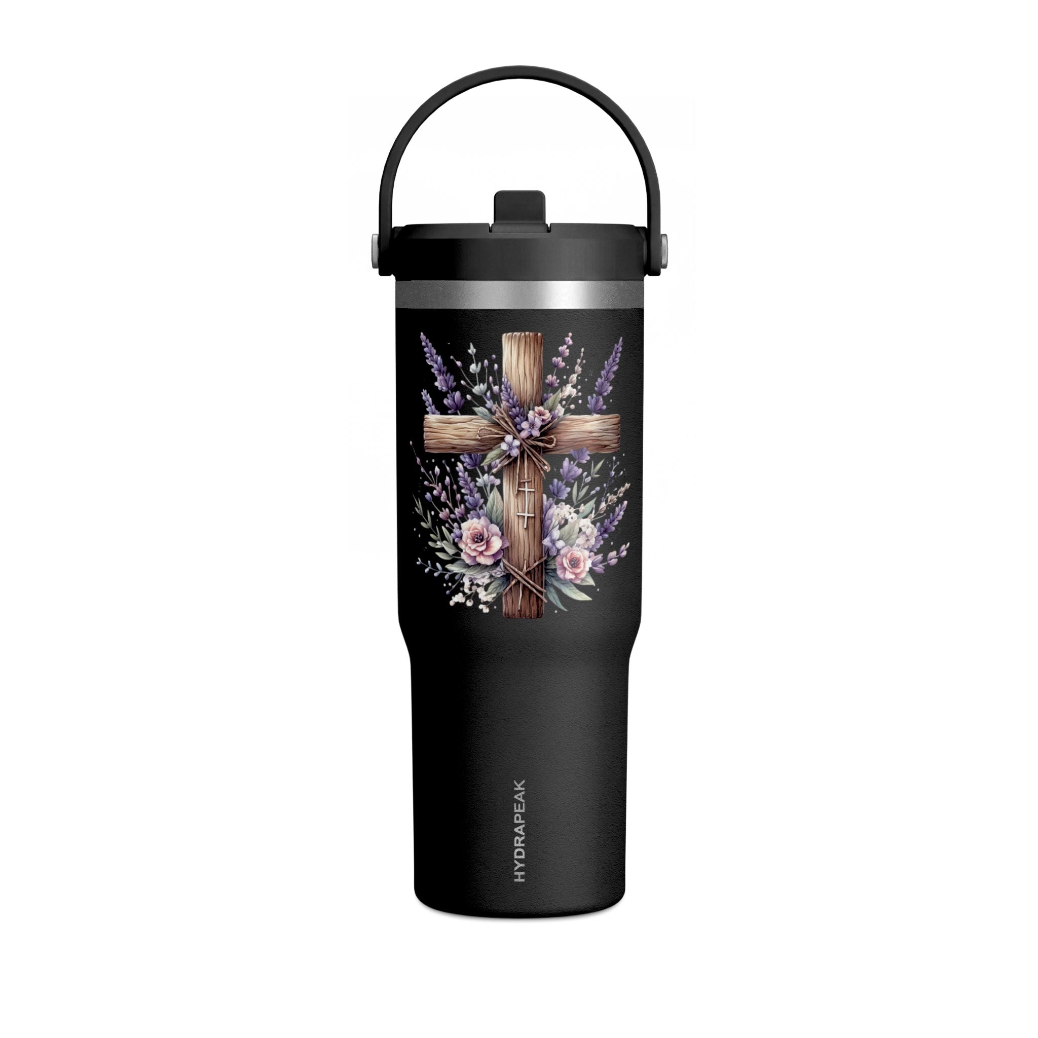 32oz Tumbler with Floral Cross Design — Christian Hydration Bottle | Lavender & Rose Nomad Tumbler