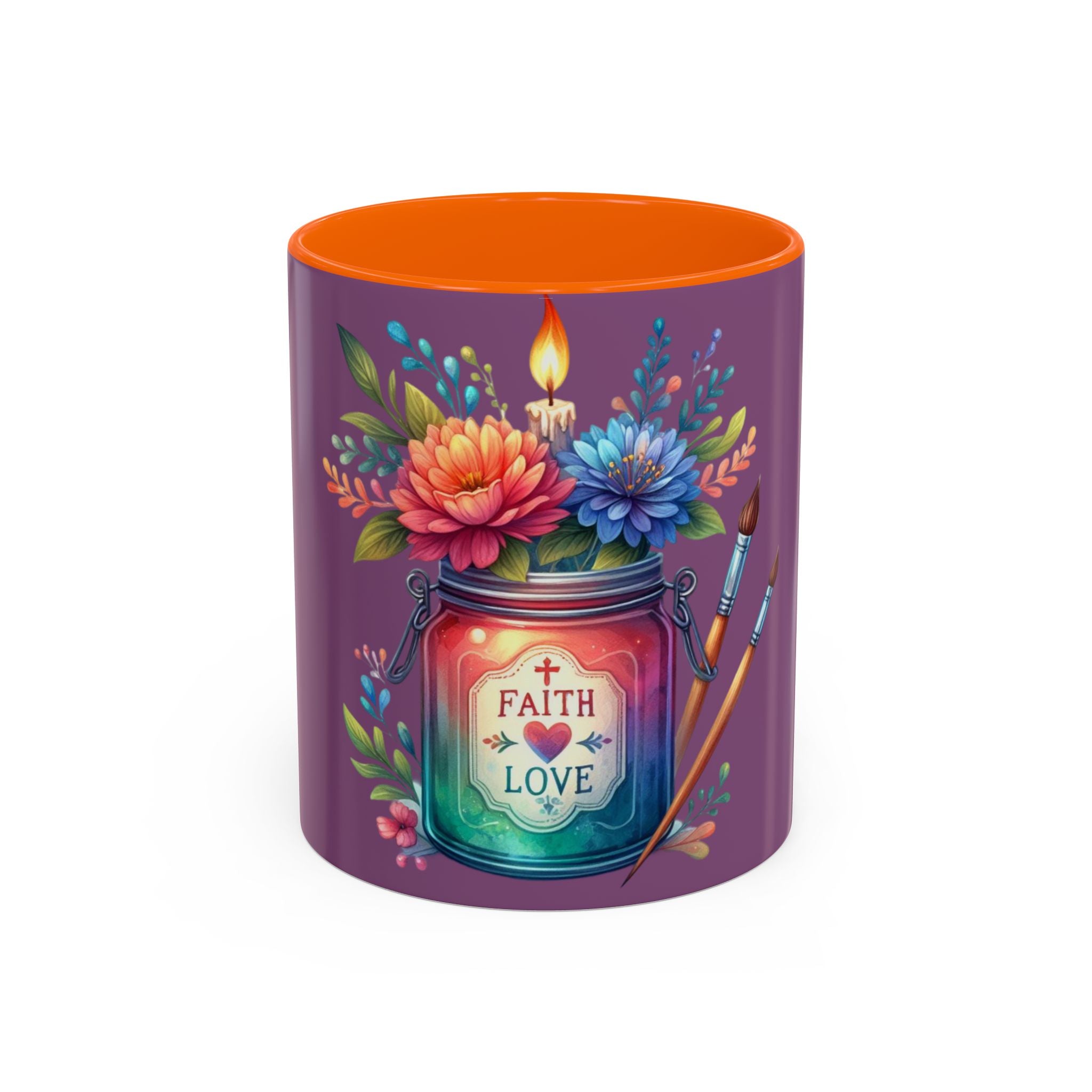 Faith & Love Floral Accent Coffee Mug — Colorful Candle Jar Design (11/15oz)