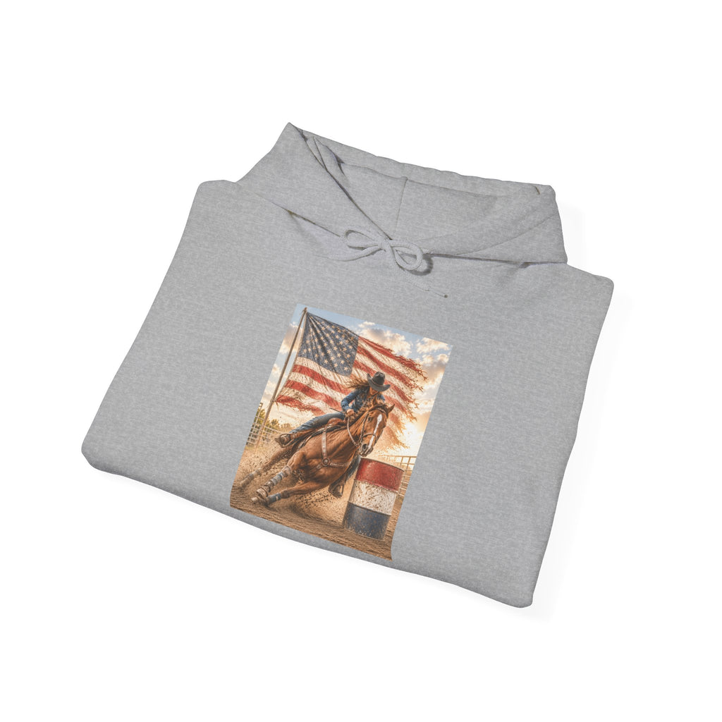 Patriotic Rodeo Horse Hoodie – American Flag Cowboy Pulled by Horse Pullover