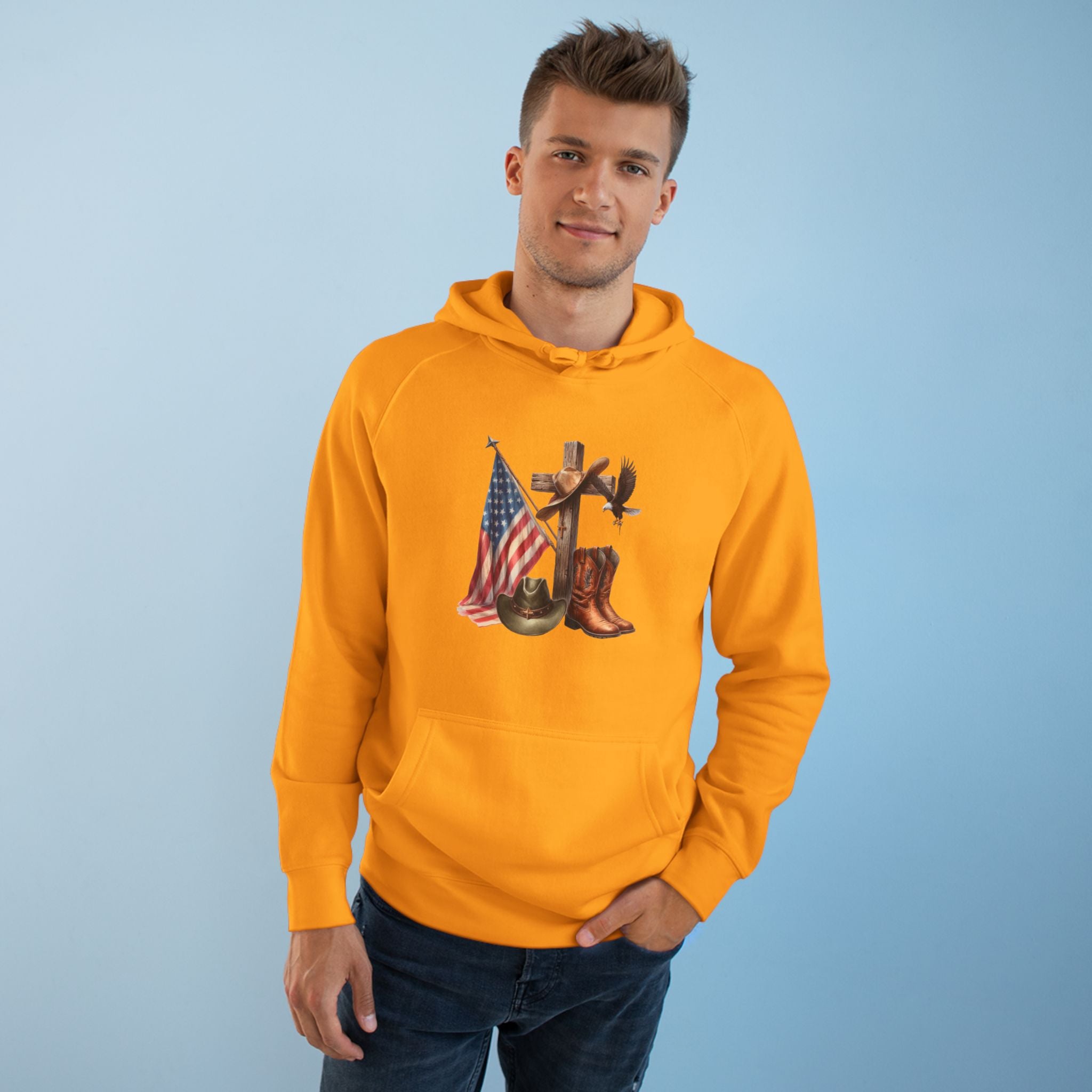 Patriotic Western Hoodie – American Flag, Cowboy Boots & Cross Graphic