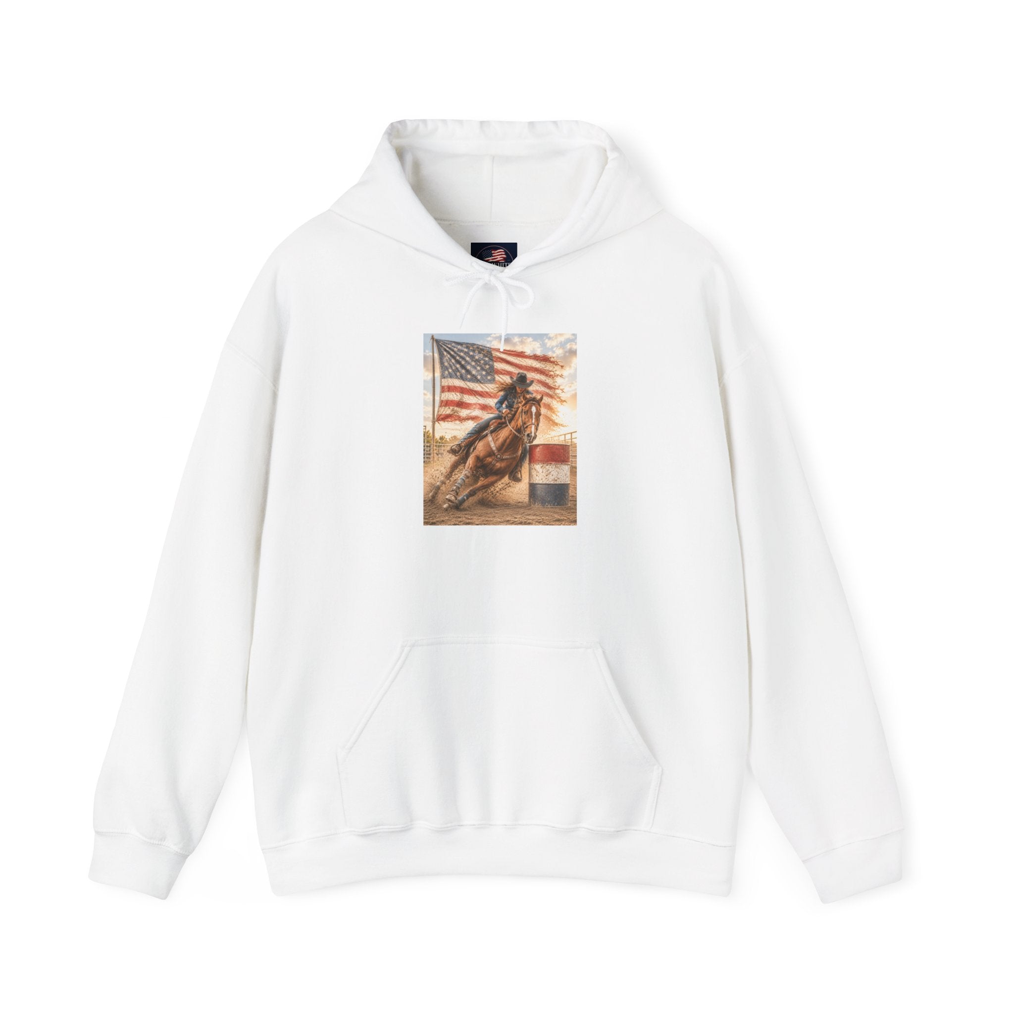 Patriotic Rodeo Horse Hoodie – American Flag Cowboy Pulled by Horse Pullover