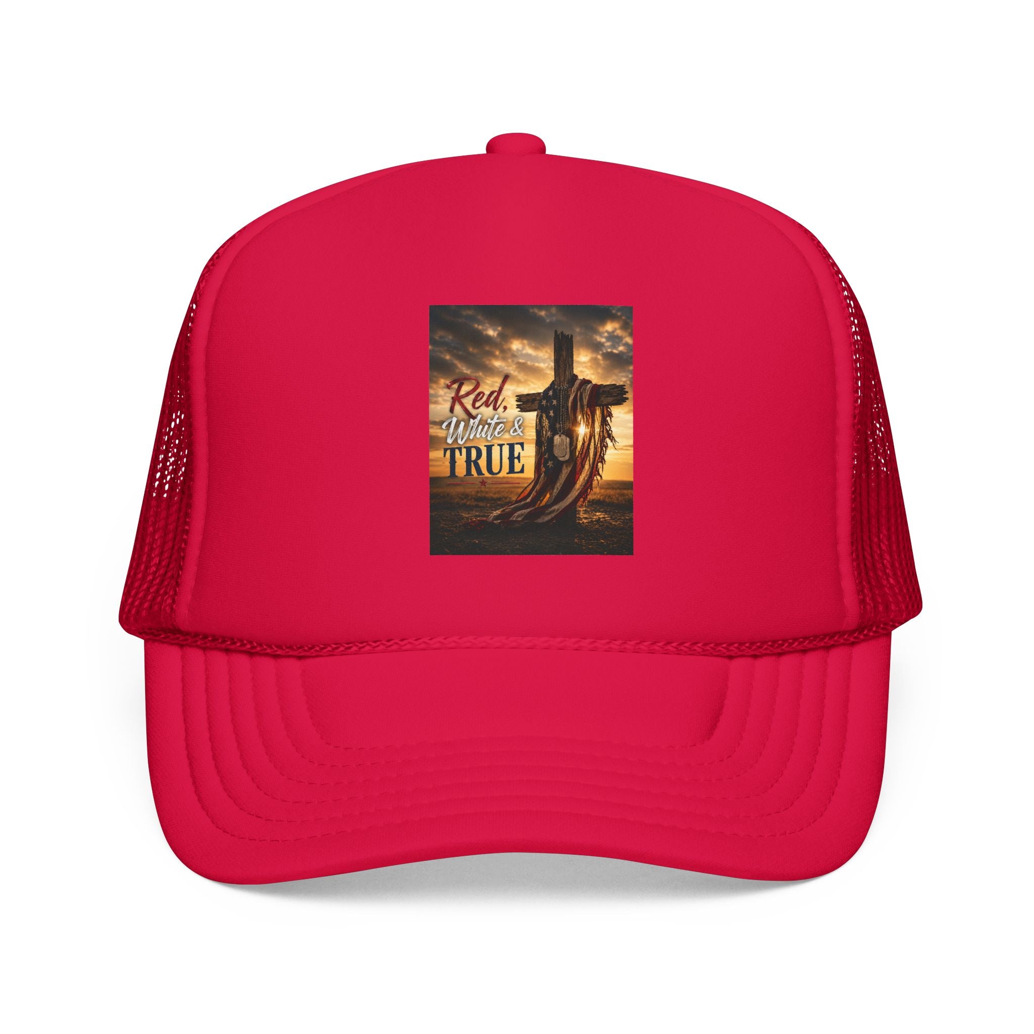 Trucker Hat — "God Made A Farmer" Cross Sunset Foam Trucker Hat
