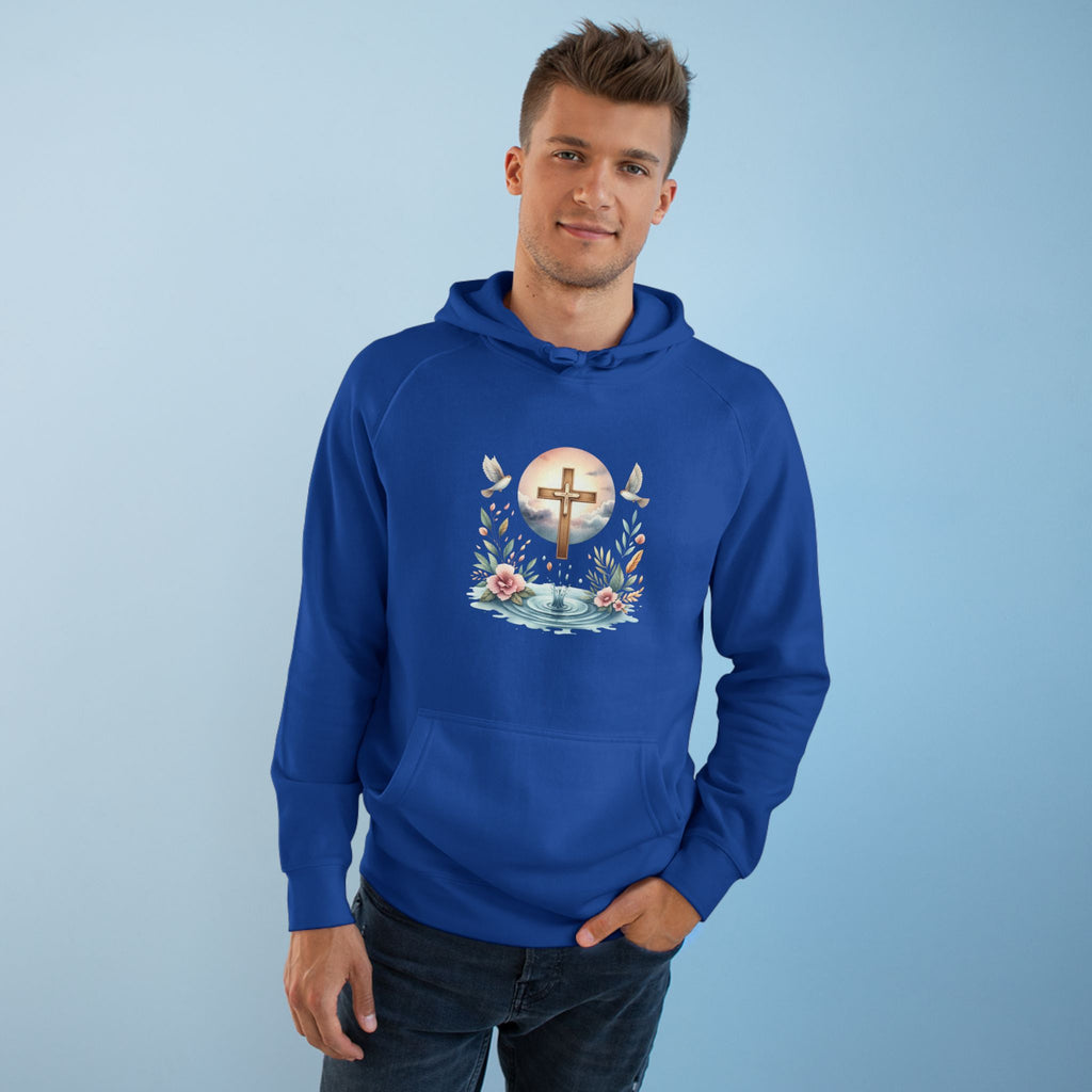 Christian Cross Floral Hoodie – Faith, Doves & Water Illustration