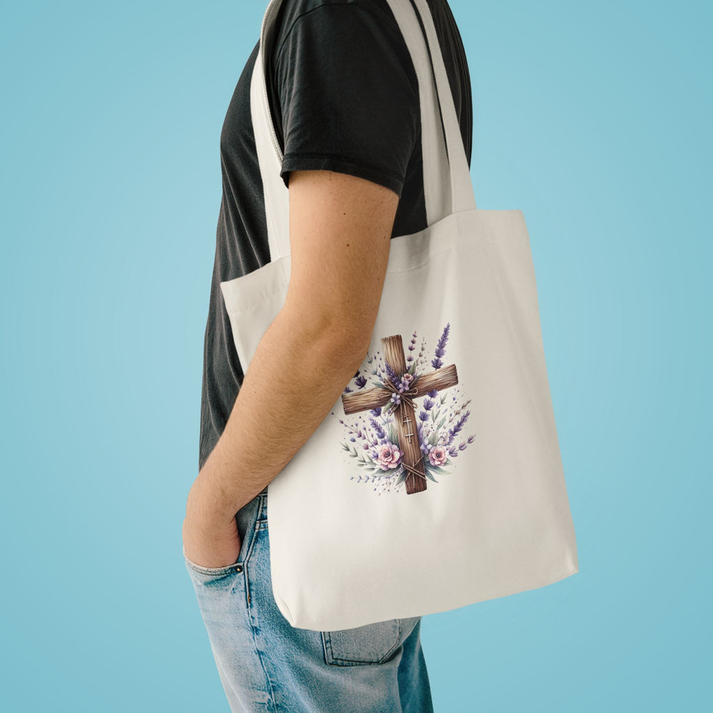 Floral Cross Cotton Tote Bag - Christian Easter Floral Grocery Tote