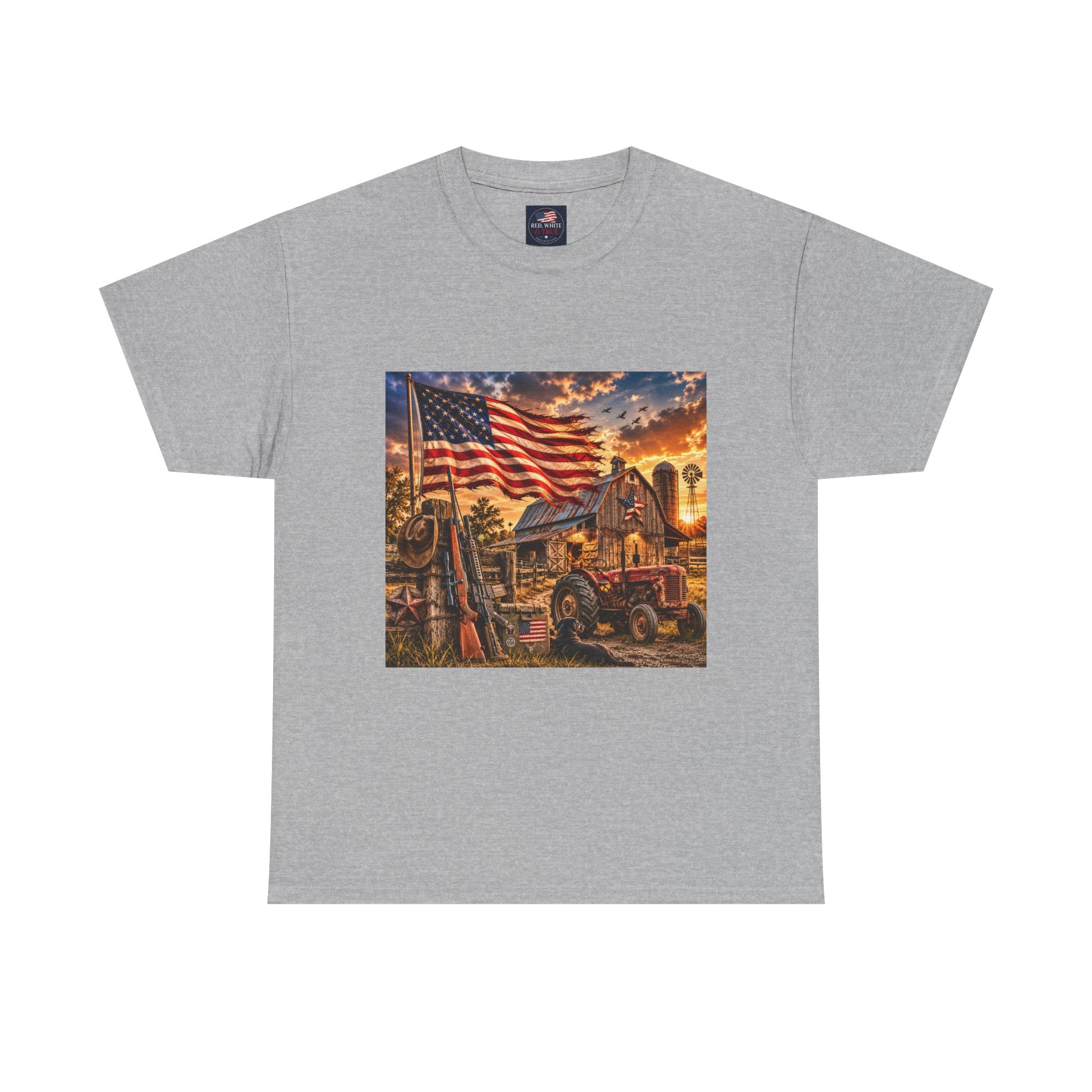 American Farm Sunset T-Shirt – Vintage Truck & Flag Rustic Patriotic Tee