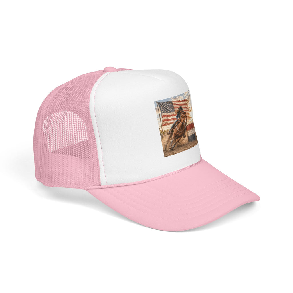 Western Rodeo Trucker Hat — Barrel Racing Horse with American Flag