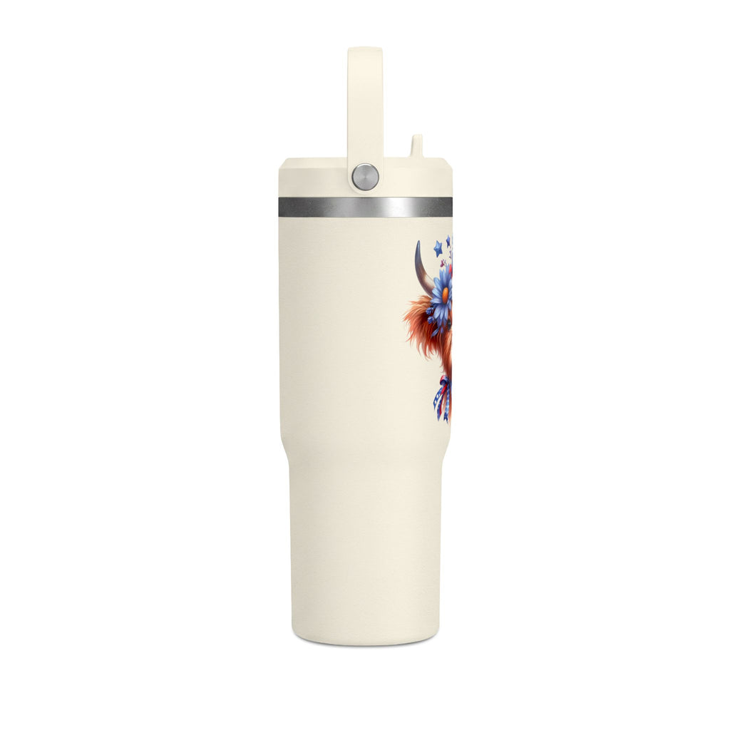 Patriotic Highland Cow 32oz Tumbler – Insulated Travel Mug with American Flag Floral Design