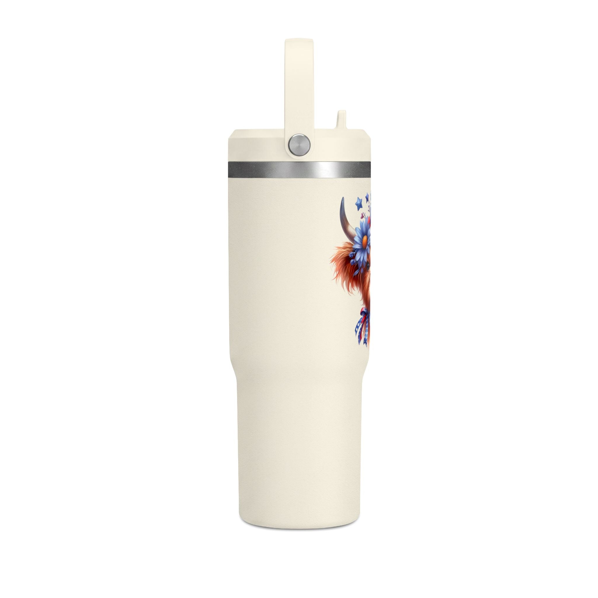 Patriotic Highland Cow 32oz Tumbler – Insulated Travel Mug with American Flag Floral Design