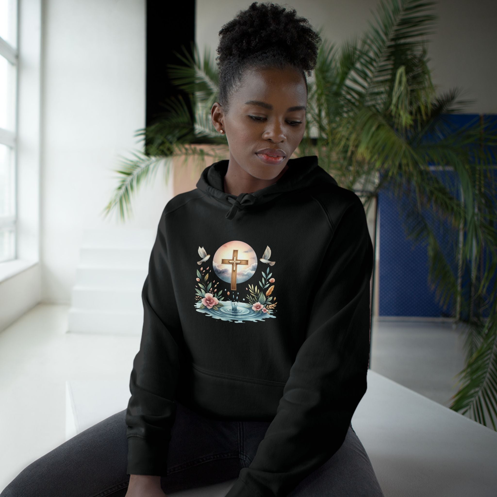 Christian Cross Floral Hoodie – Faith, Doves & Water Illustration