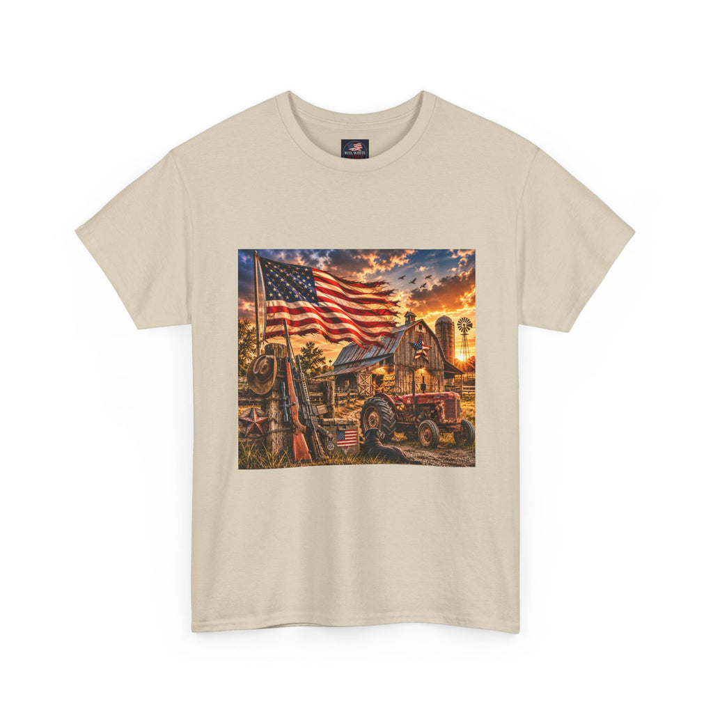 American Farm Sunset T-Shirt – Vintage Truck & Flag Rustic Patriotic Tee