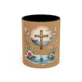 Christian Cross Accent Coffee Mug — Faith, Doves & Floral Baptism Gift (11/15oz)