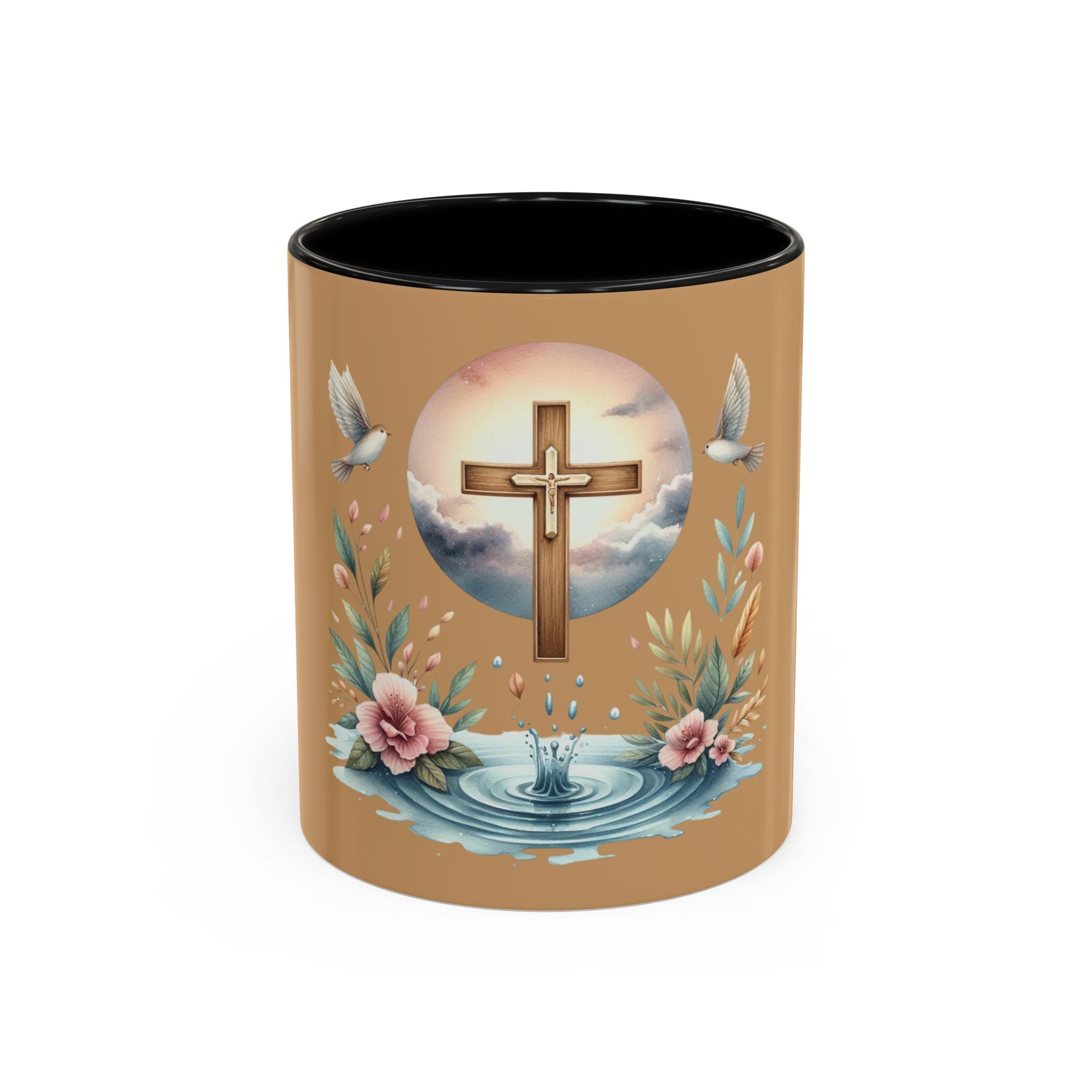 Christian Cross Accent Coffee Mug — Faith, Doves & Floral Baptism Gift (11/15oz)