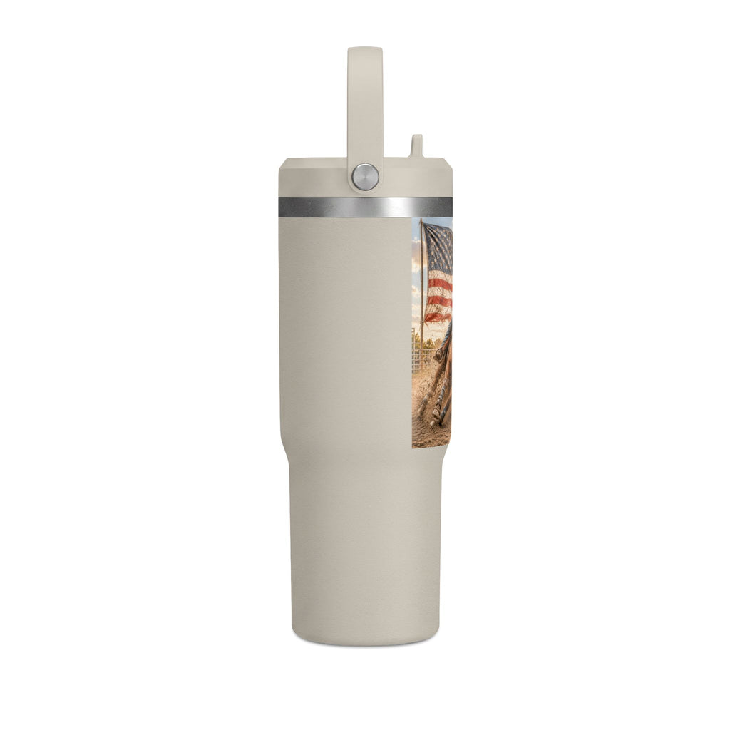 American Rodeo 32oz Tumbler – Horse Barrel Racing with Flag Design