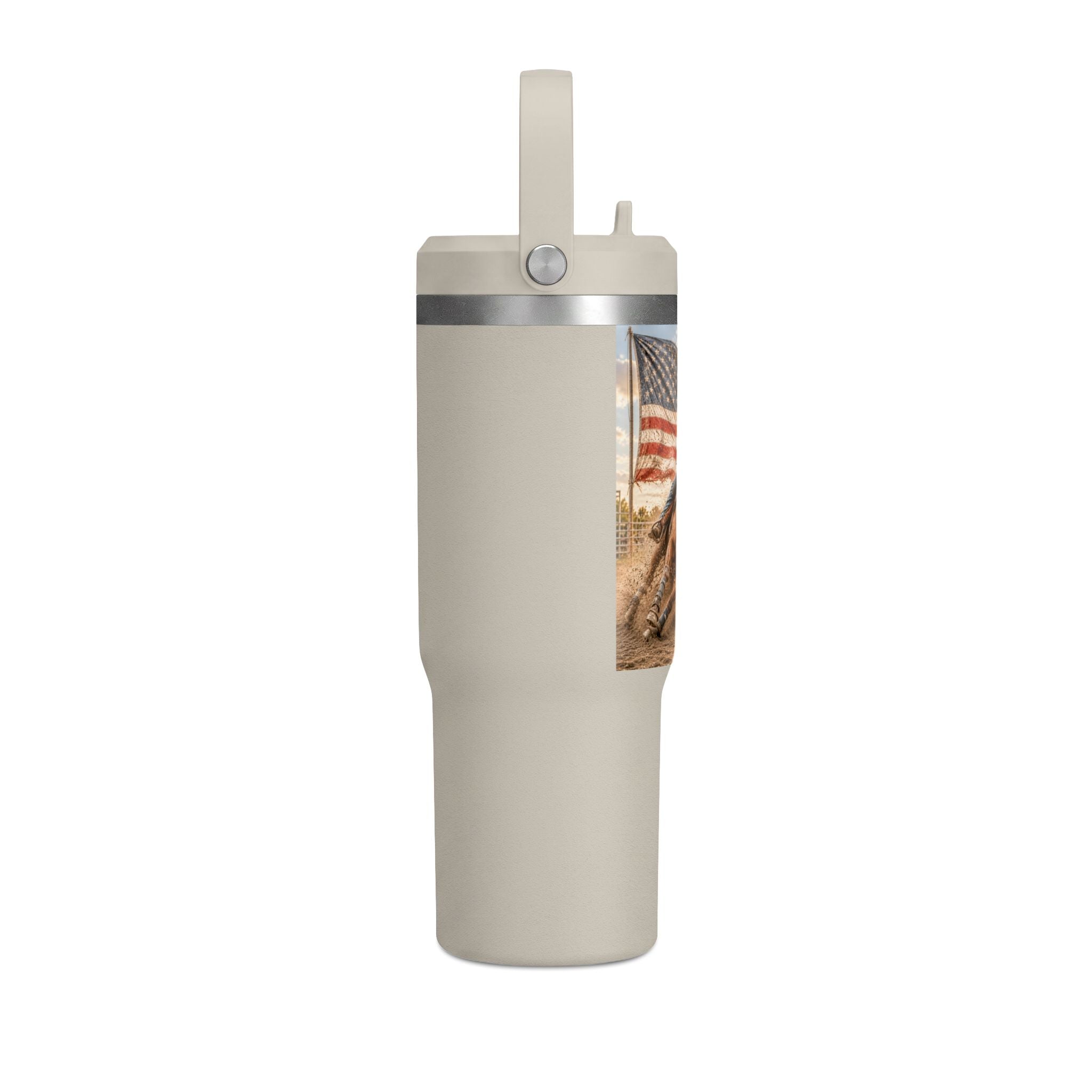 American Rodeo 32oz Tumbler – Horse Barrel Racing with Flag Design
