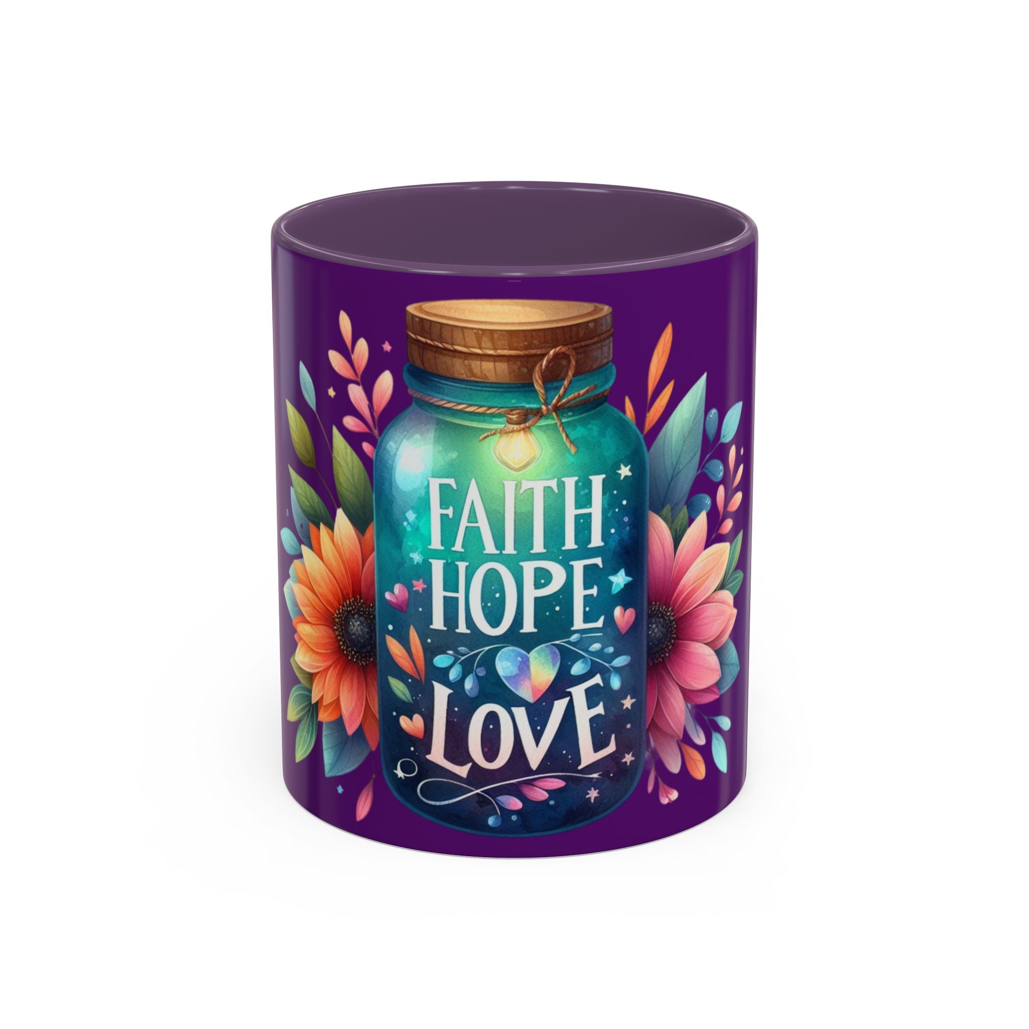 Faith Hope Love Accent Coffee Mug — Floral Jar Design (11/15 oz)