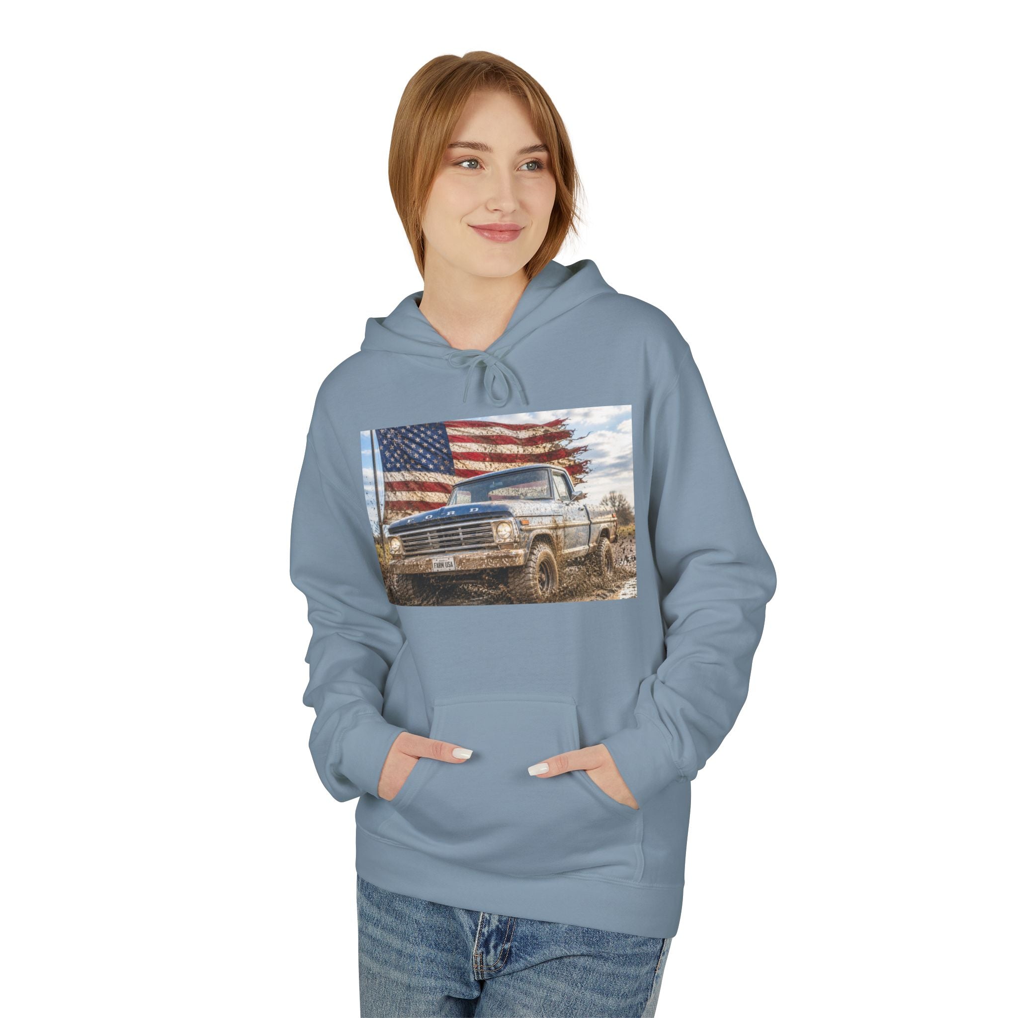 American Flag Vintage Truck Hoodie — Patriotic USA Pickup Sweatshirt