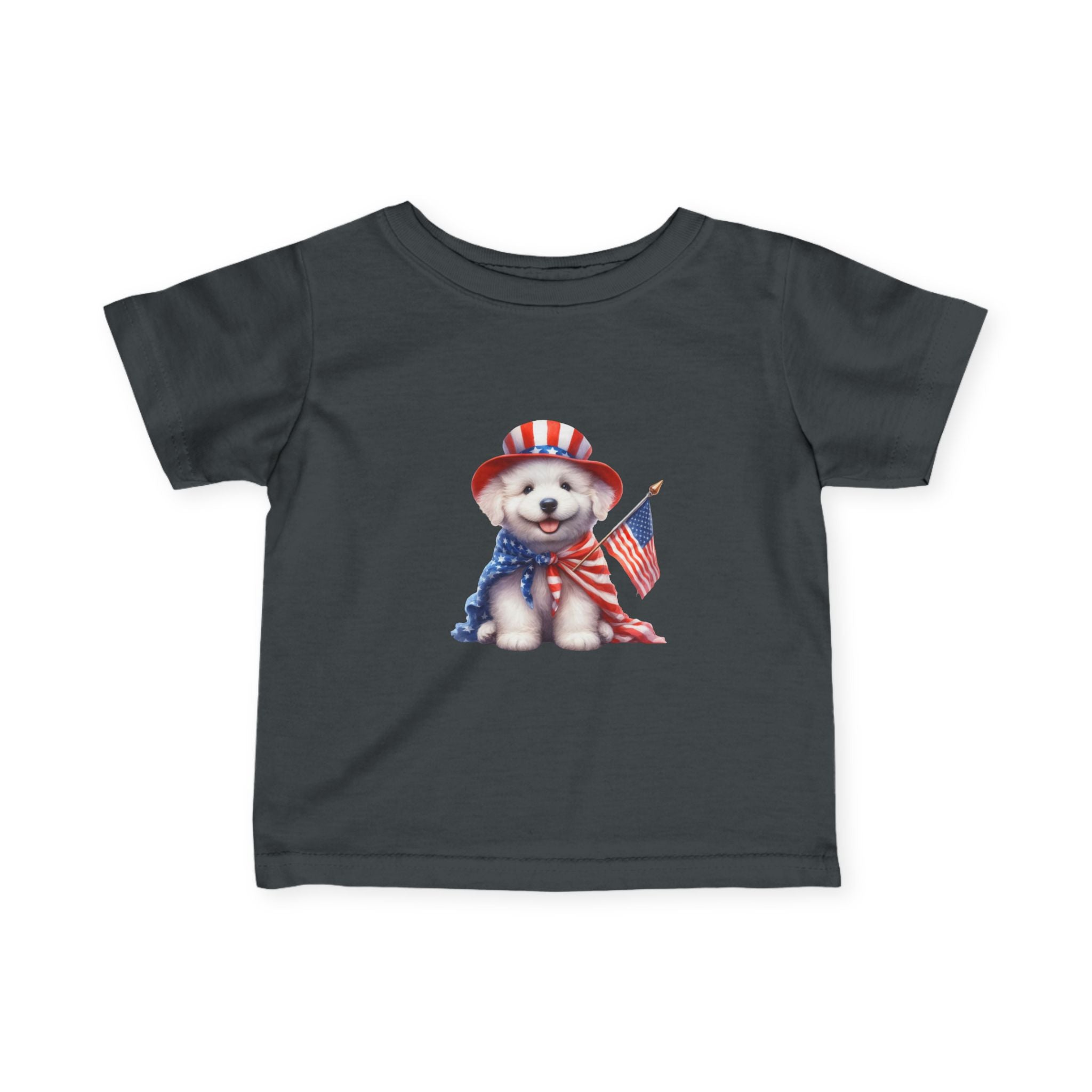 Infant Tee – Patriotic Puppy with American Flag (4th of July Baby Shirt)