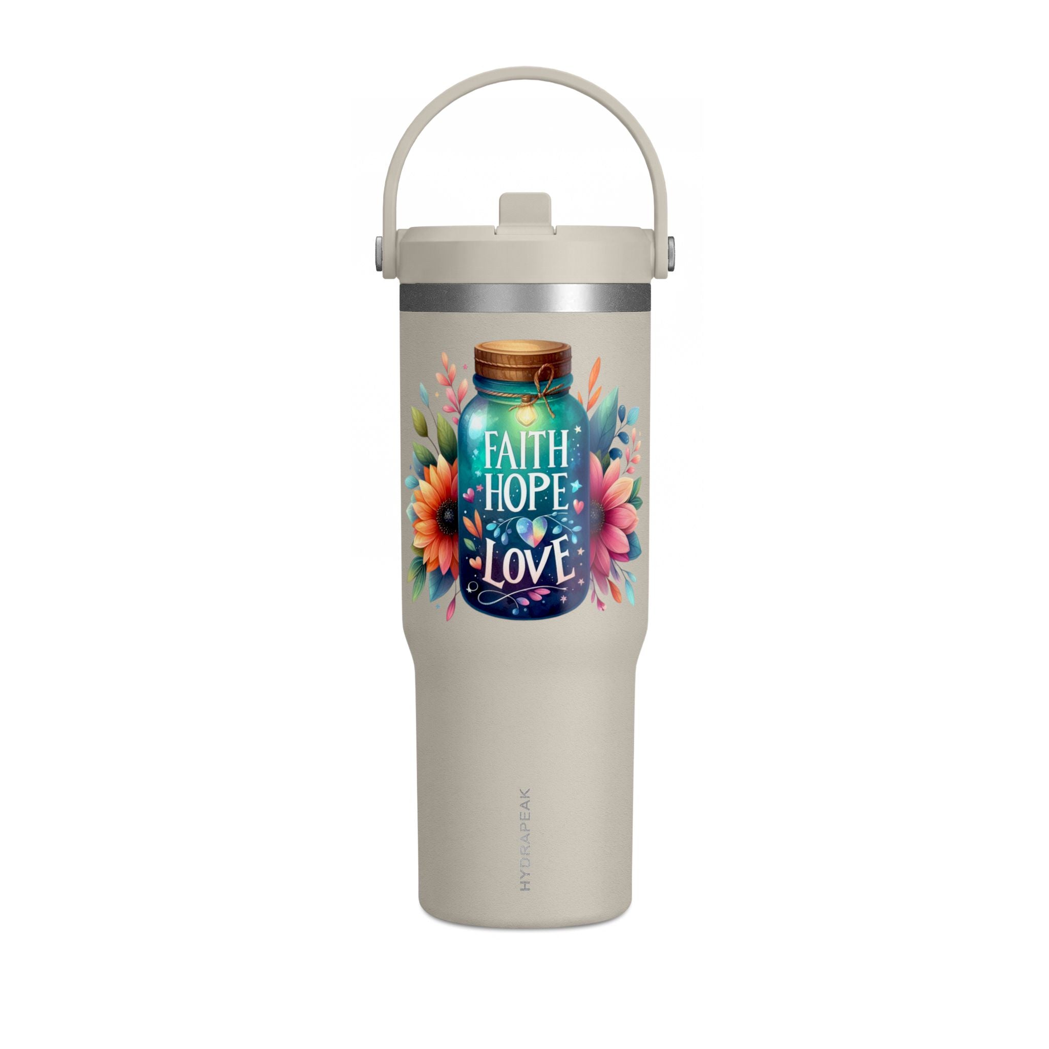 Faith Hope Love Tumbler — 32oz Insulated Travel Tumbler with Floral Jar Design