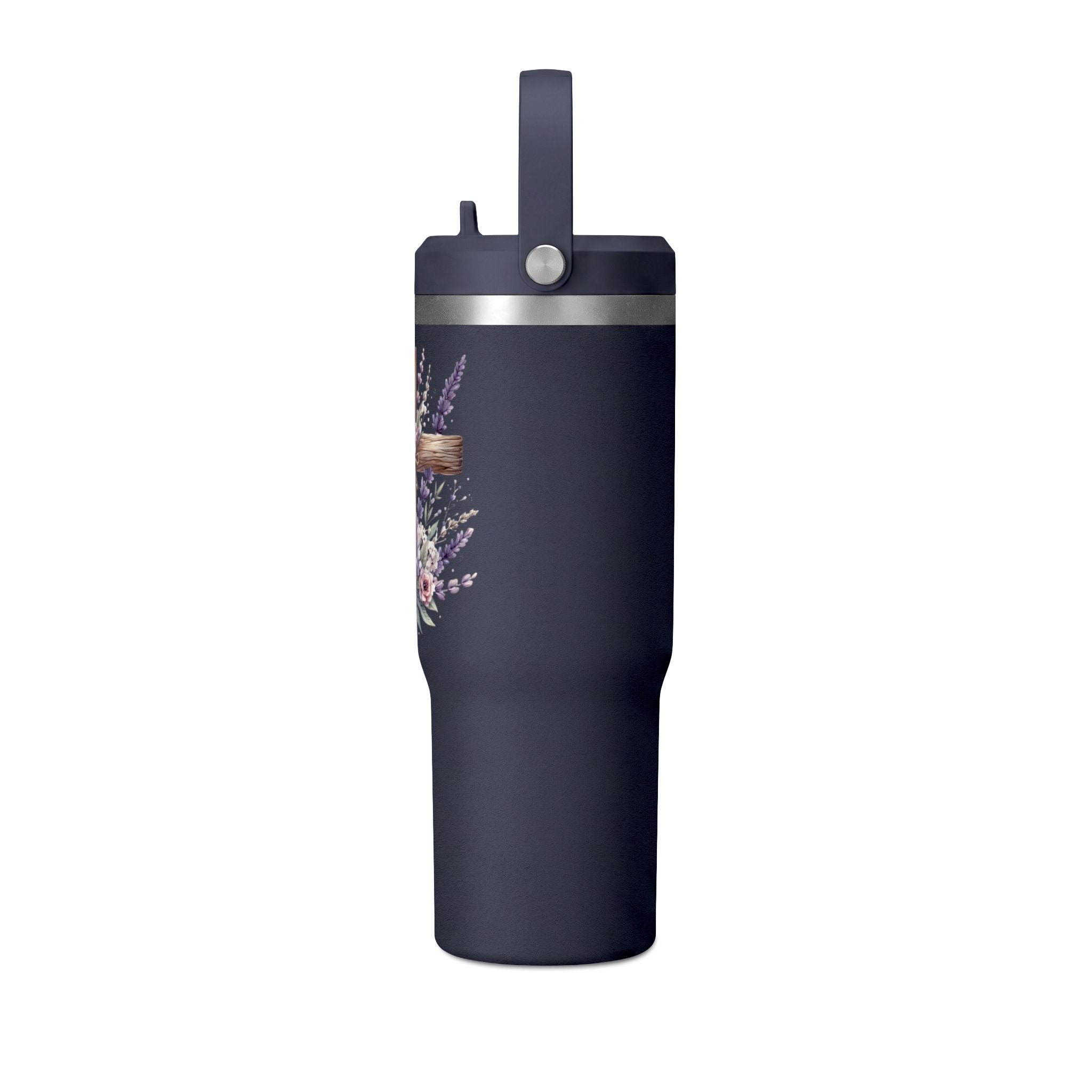 32oz Tumbler with Floral Cross Design — Christian Hydration Bottle | Lavender & Rose Nomad Tumbler