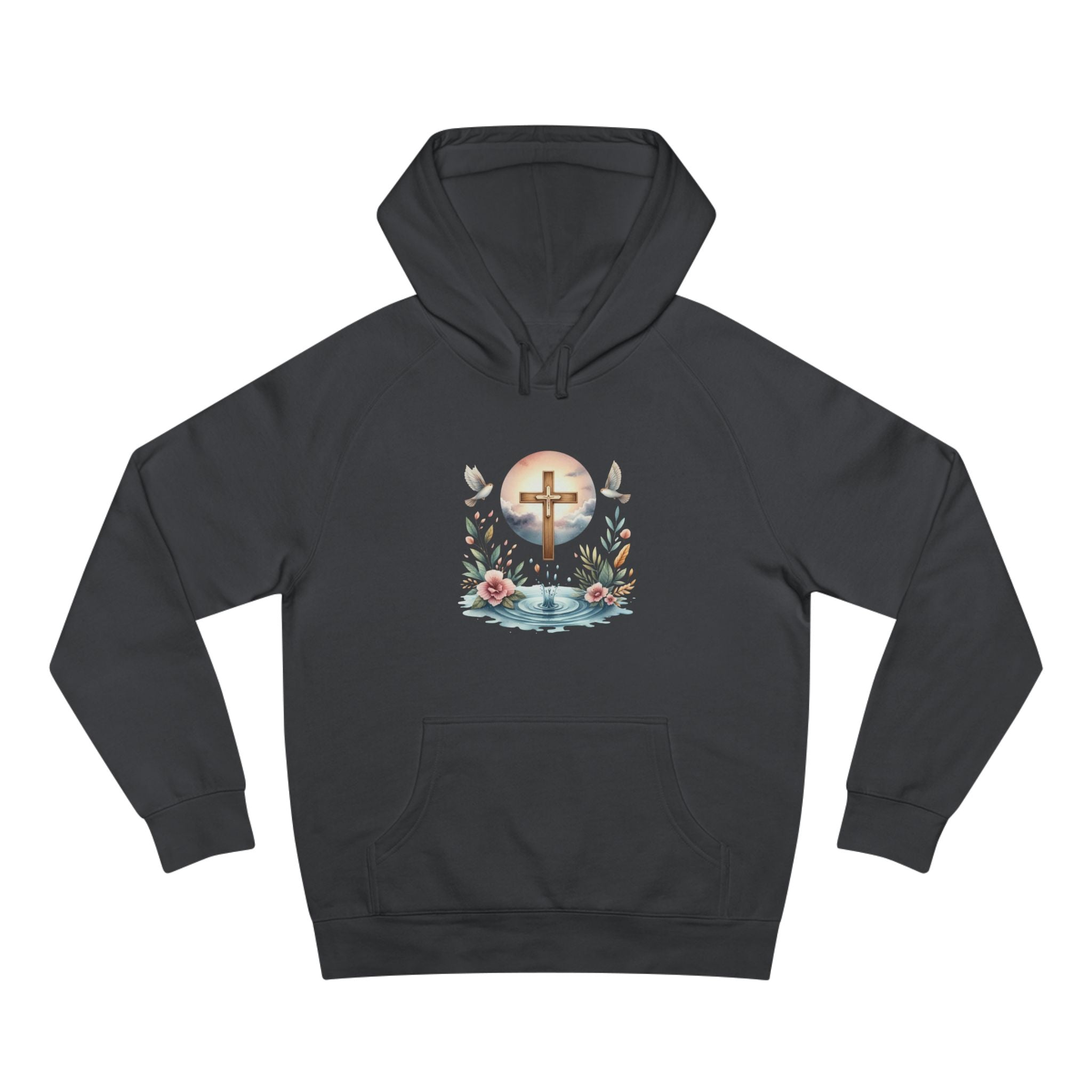 Christian Cross Floral Hoodie – Faith, Doves & Water Illustration