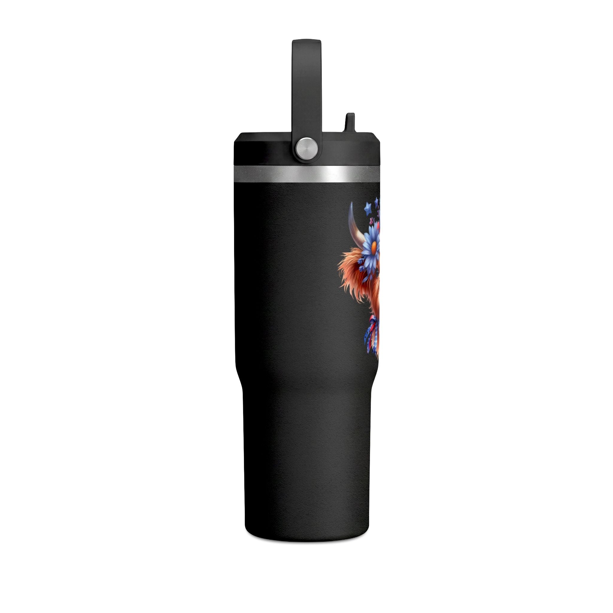 Patriotic Highland Cow 32oz Tumbler – Insulated Travel Mug with American Flag Floral Design