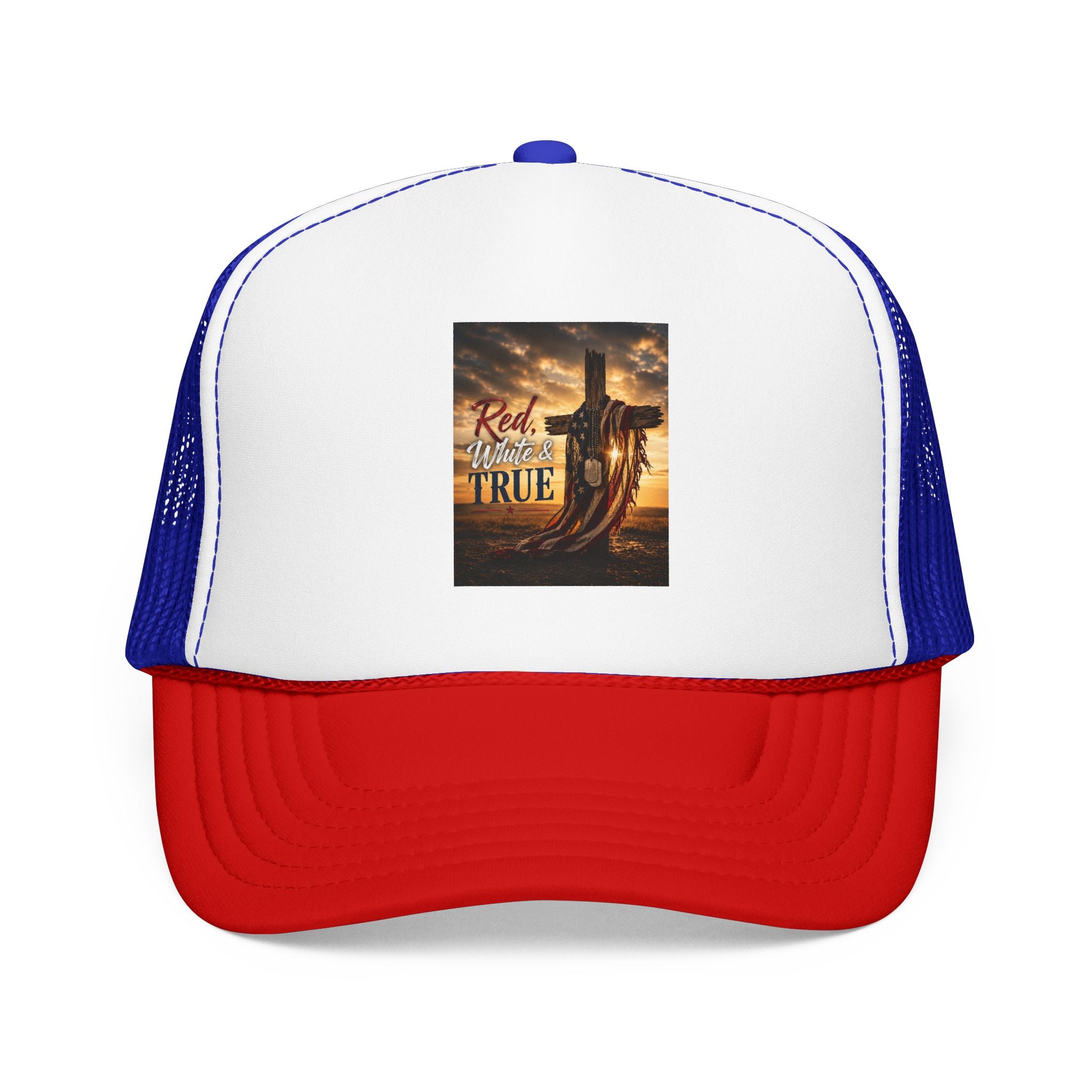 Trucker Hat — "God Made A Farmer" Cross Sunset Foam Trucker Hat