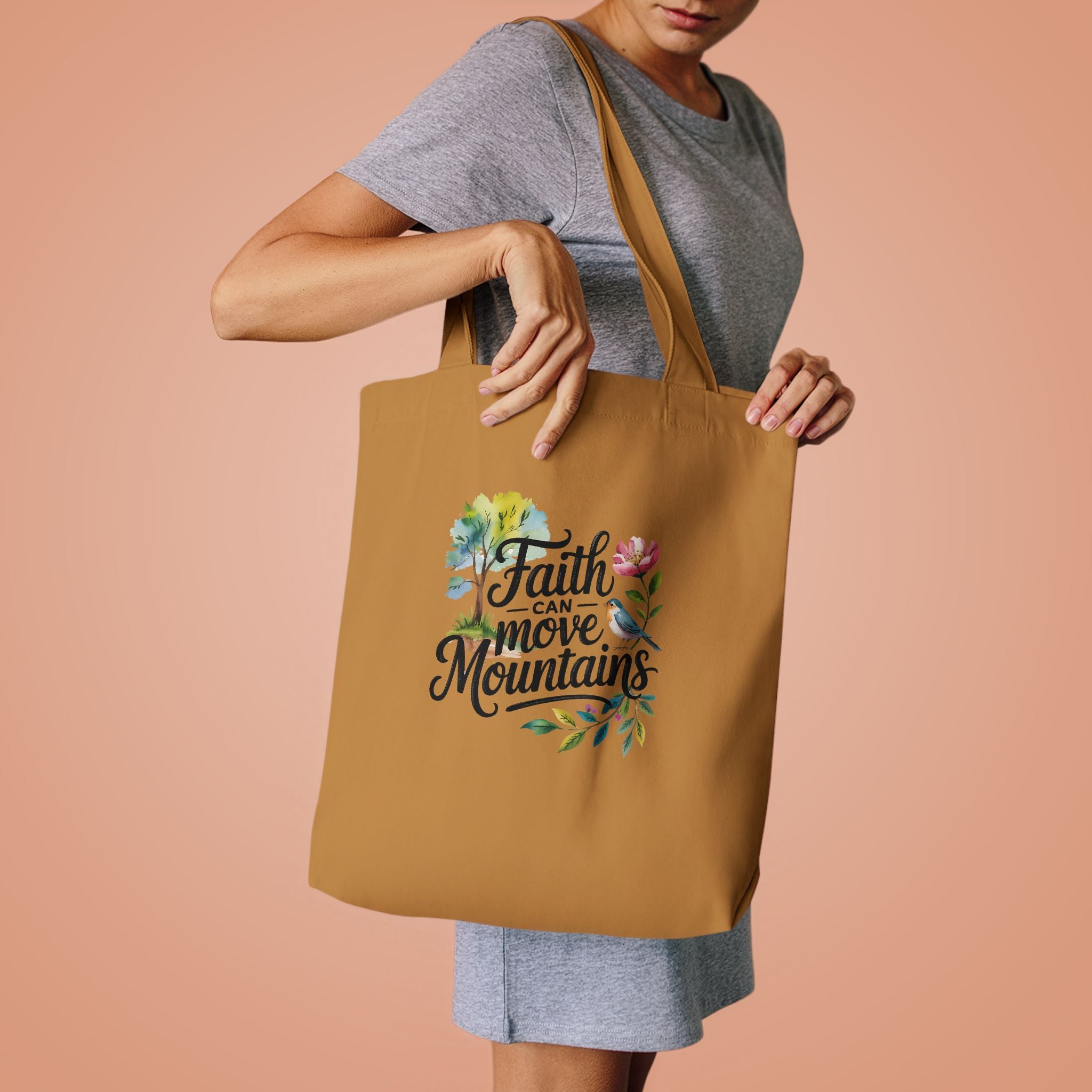 Faith Can Move Mountains Cotton Tote Bag – Floral Inspirational Grocery & Gift Tote