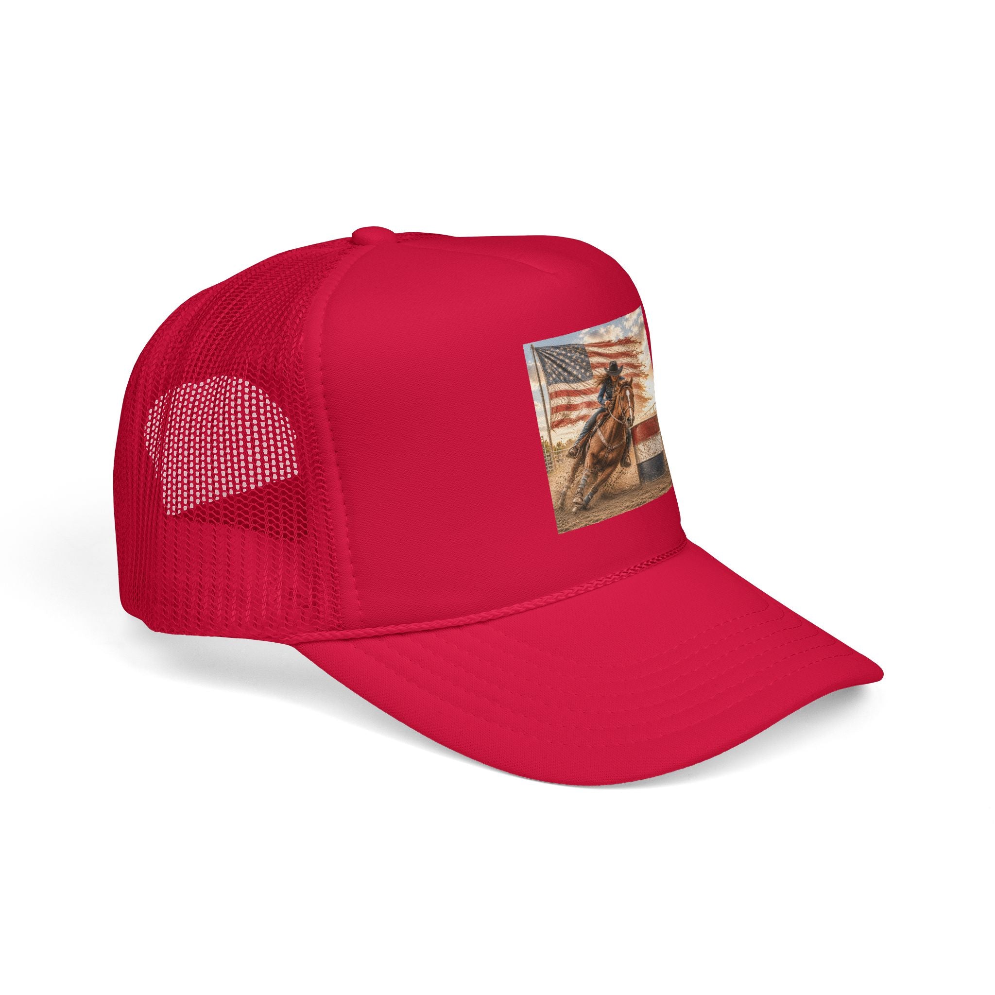 Western Rodeo Trucker Hat — Barrel Racing Horse with American Flag