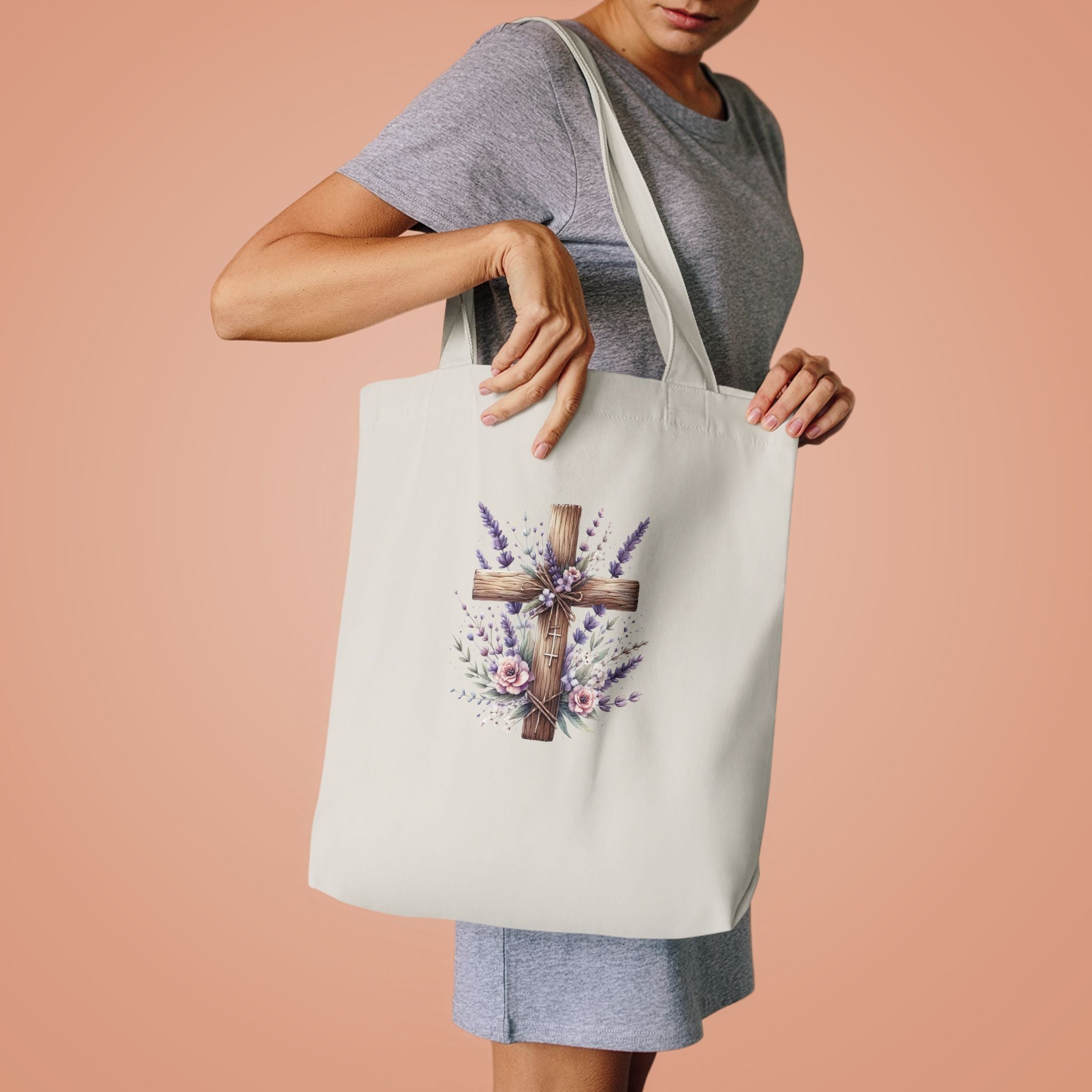 Floral Cross Cotton Tote Bag - Christian Easter Floral Grocery Tote