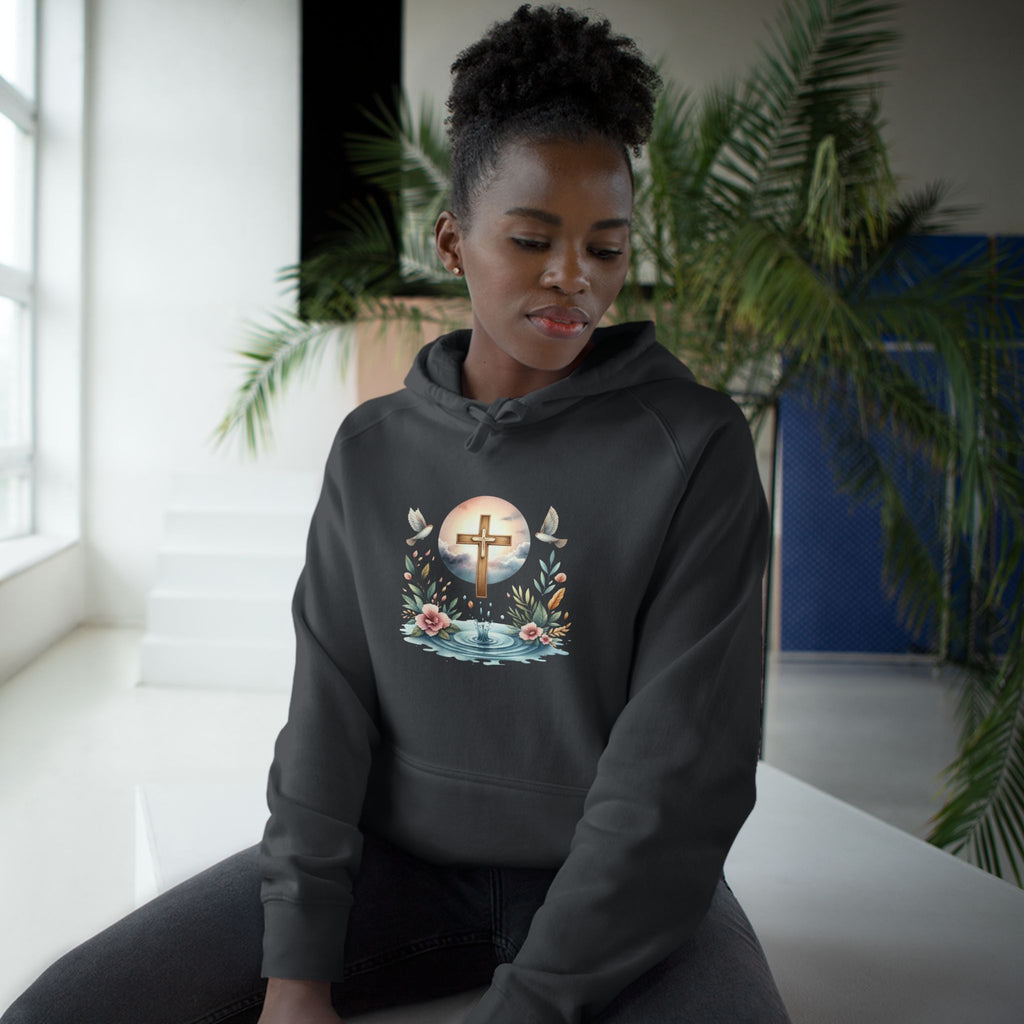 Christian Cross Floral Hoodie – Faith, Doves & Water Illustration