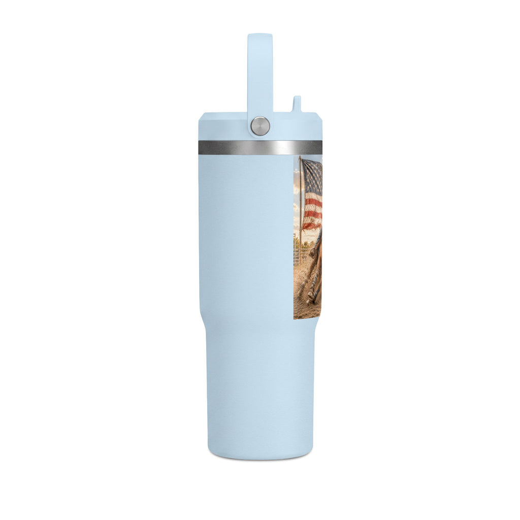 American Rodeo 32oz Tumbler – Horse Barrel Racing with Flag Design