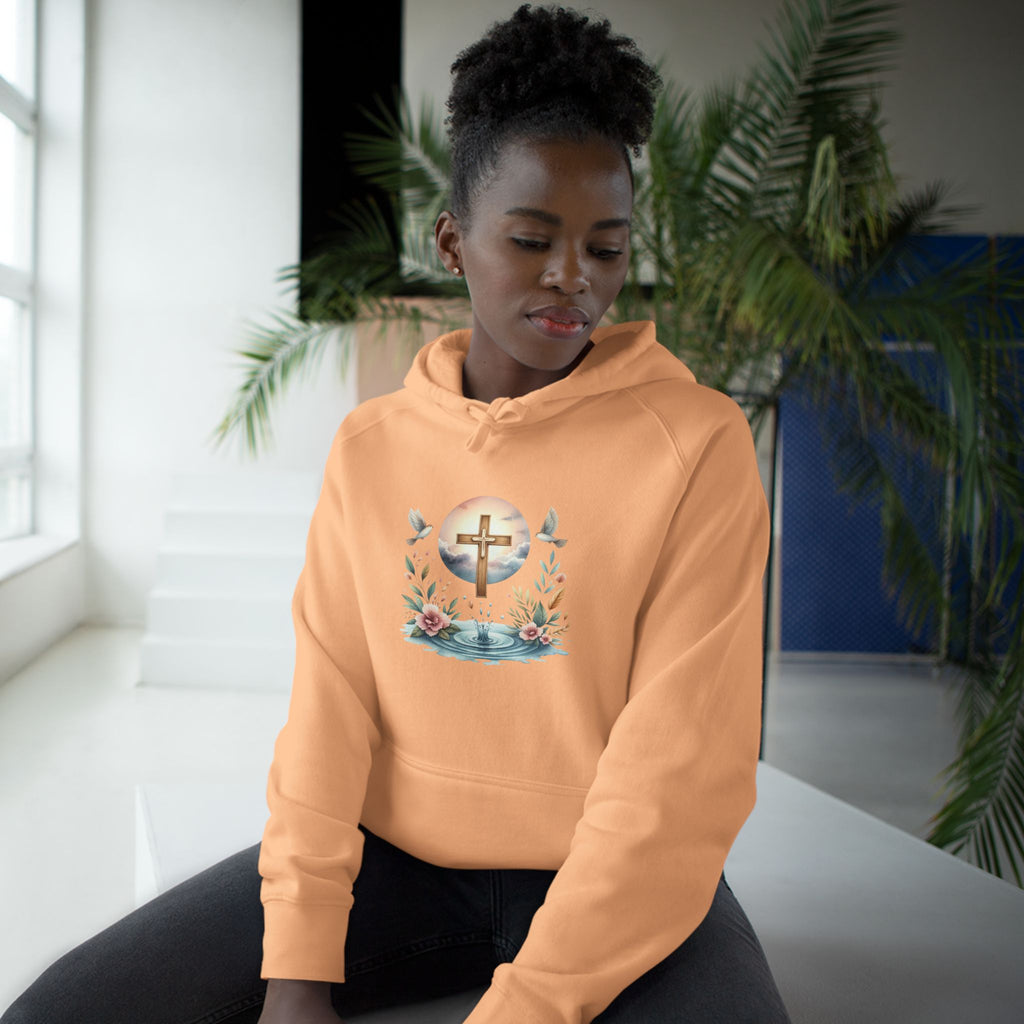 Christian Cross Floral Hoodie – Faith, Doves & Water Illustration