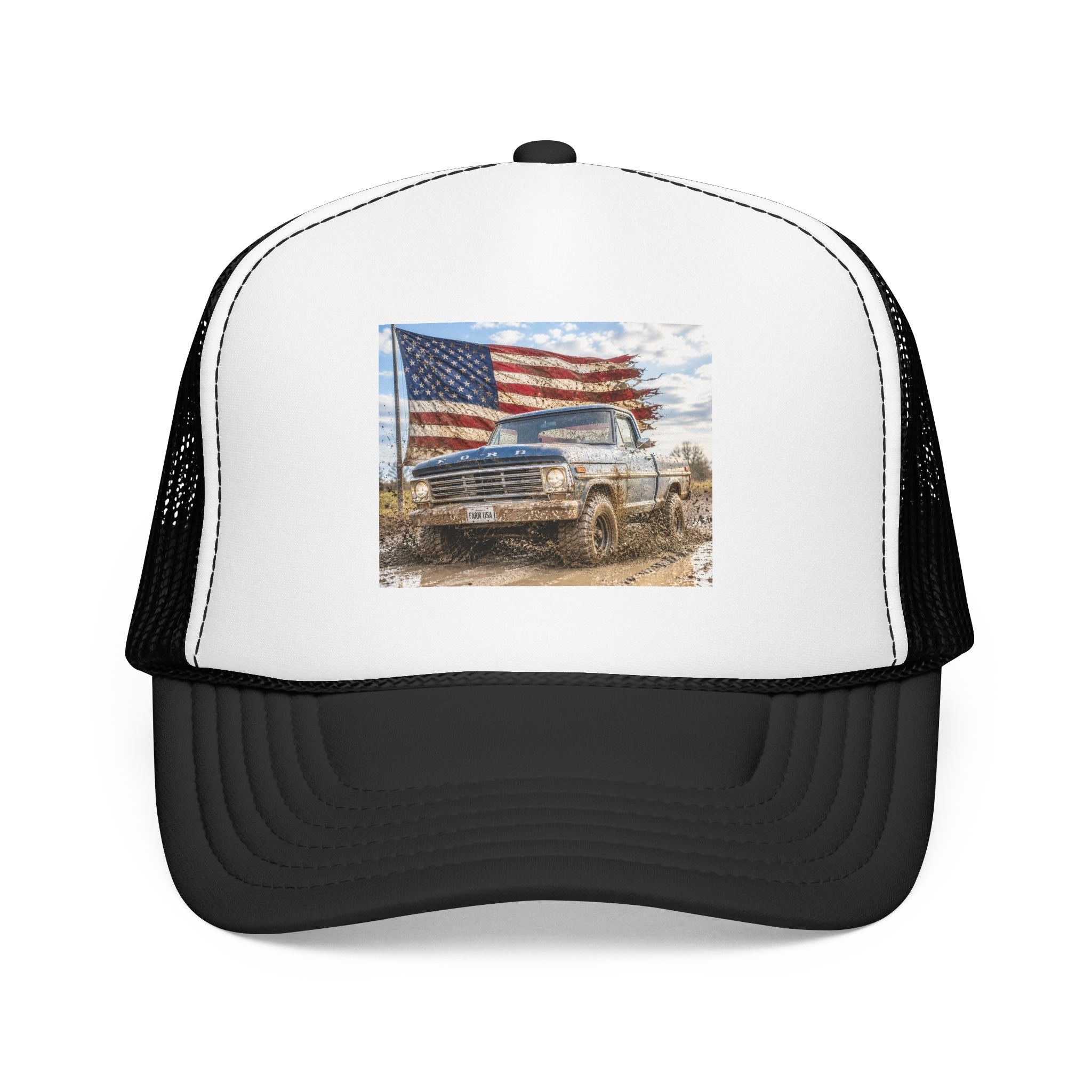 Patriotic Mud Truck Trucker Hat — American Flag Off-Road Foam Cap