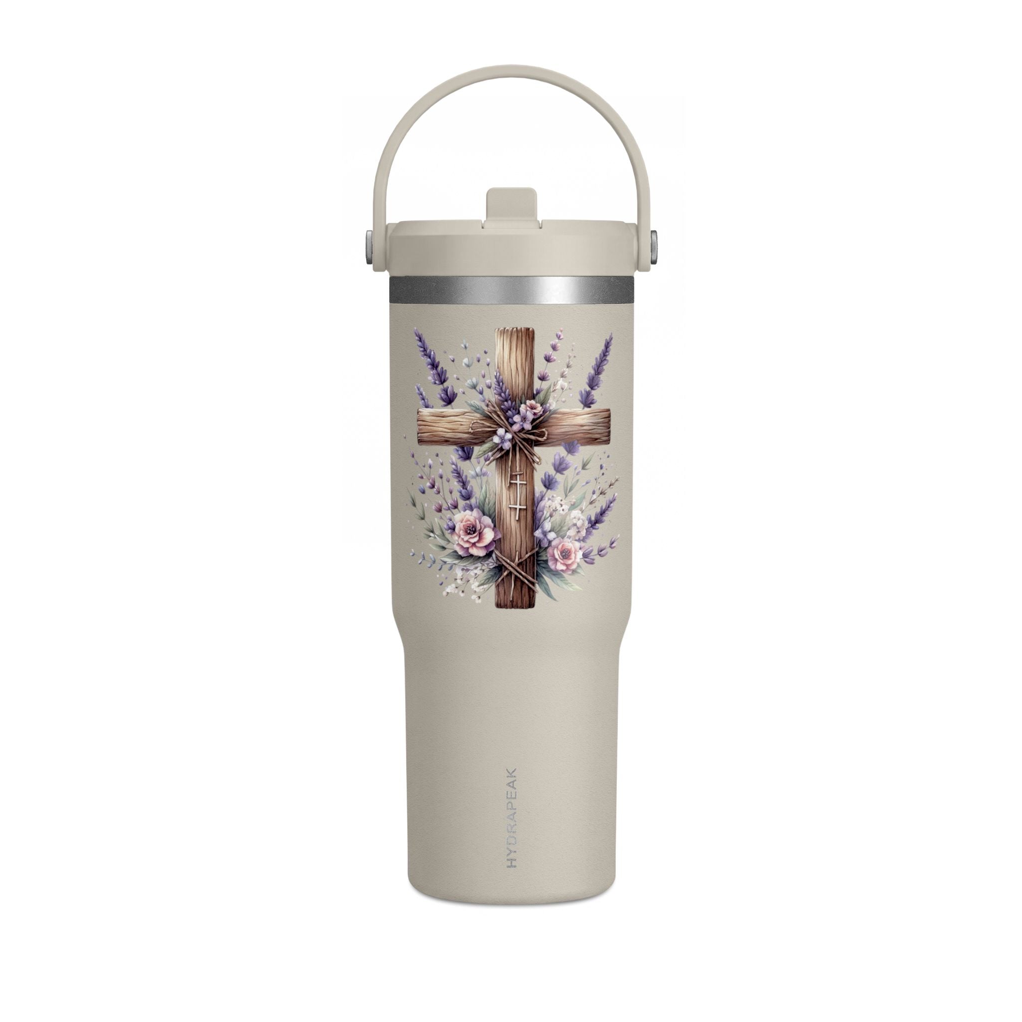 32oz Tumbler with Floral Cross Design — Christian Hydration Bottle | Lavender & Rose Nomad Tumbler