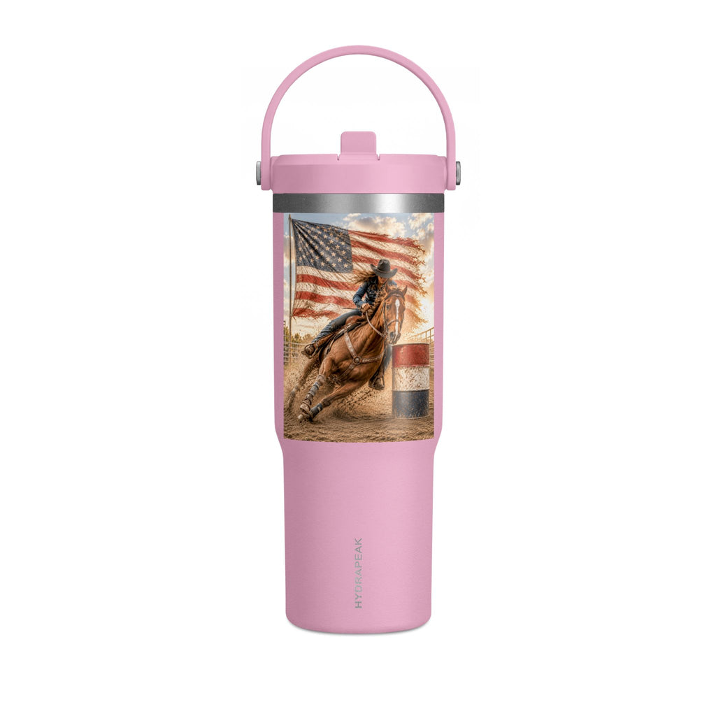American Rodeo 32oz Tumbler – Horse Barrel Racing with Flag Design