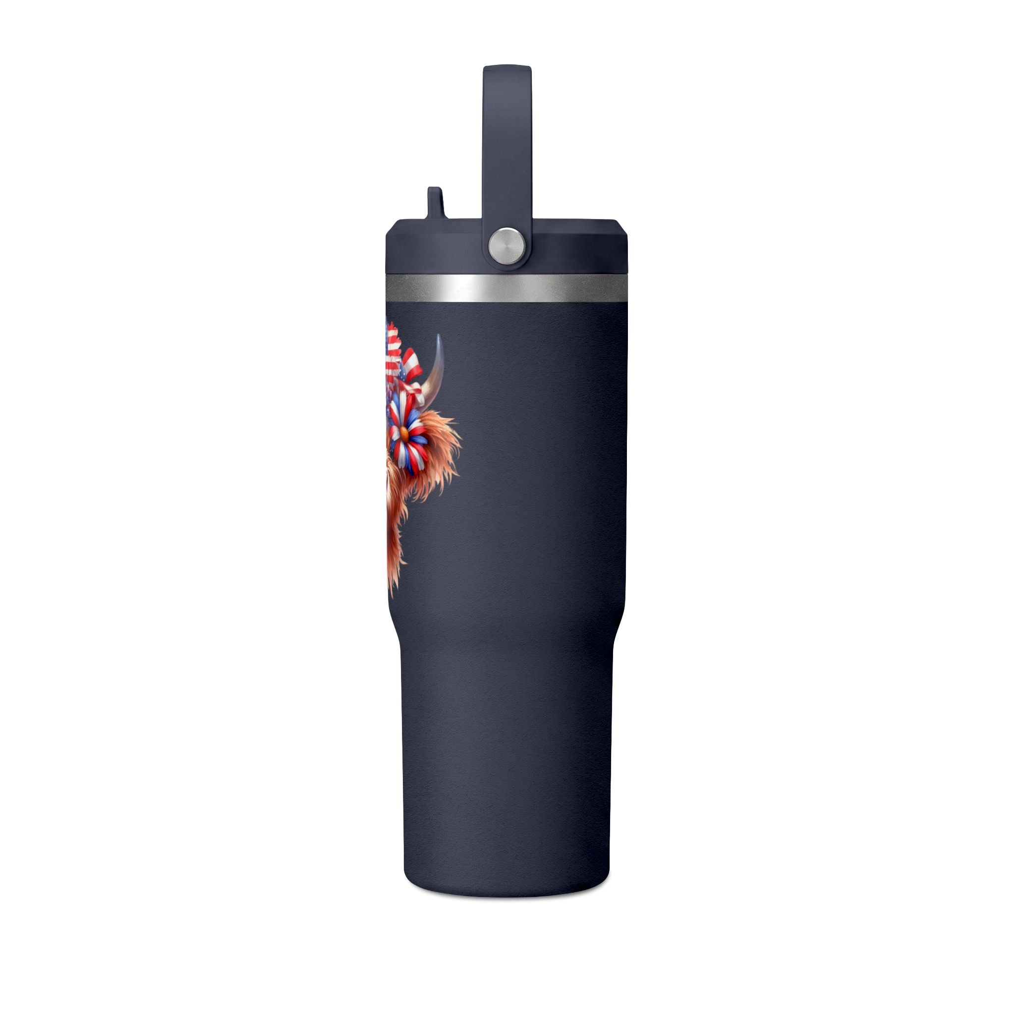 Patriotic Highland Cow 32oz Tumbler – Insulated Travel Mug with American Flag Floral Design