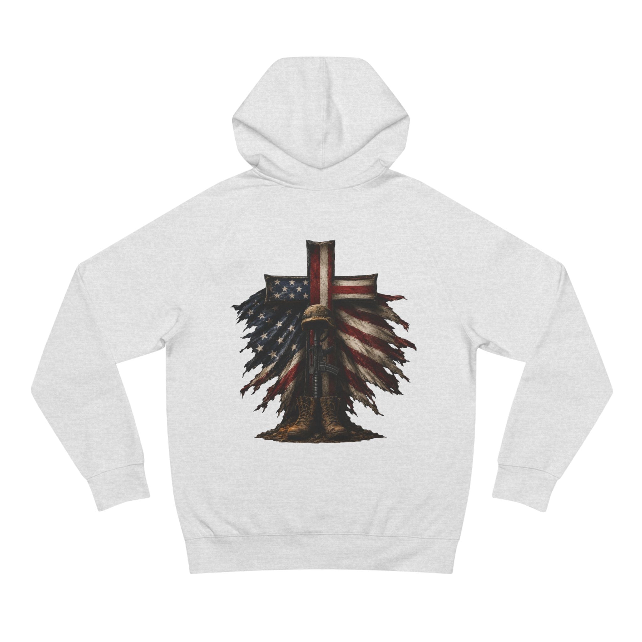 American Flag Cross Hoodie — Patriotic Skull & Wings Back Graphic