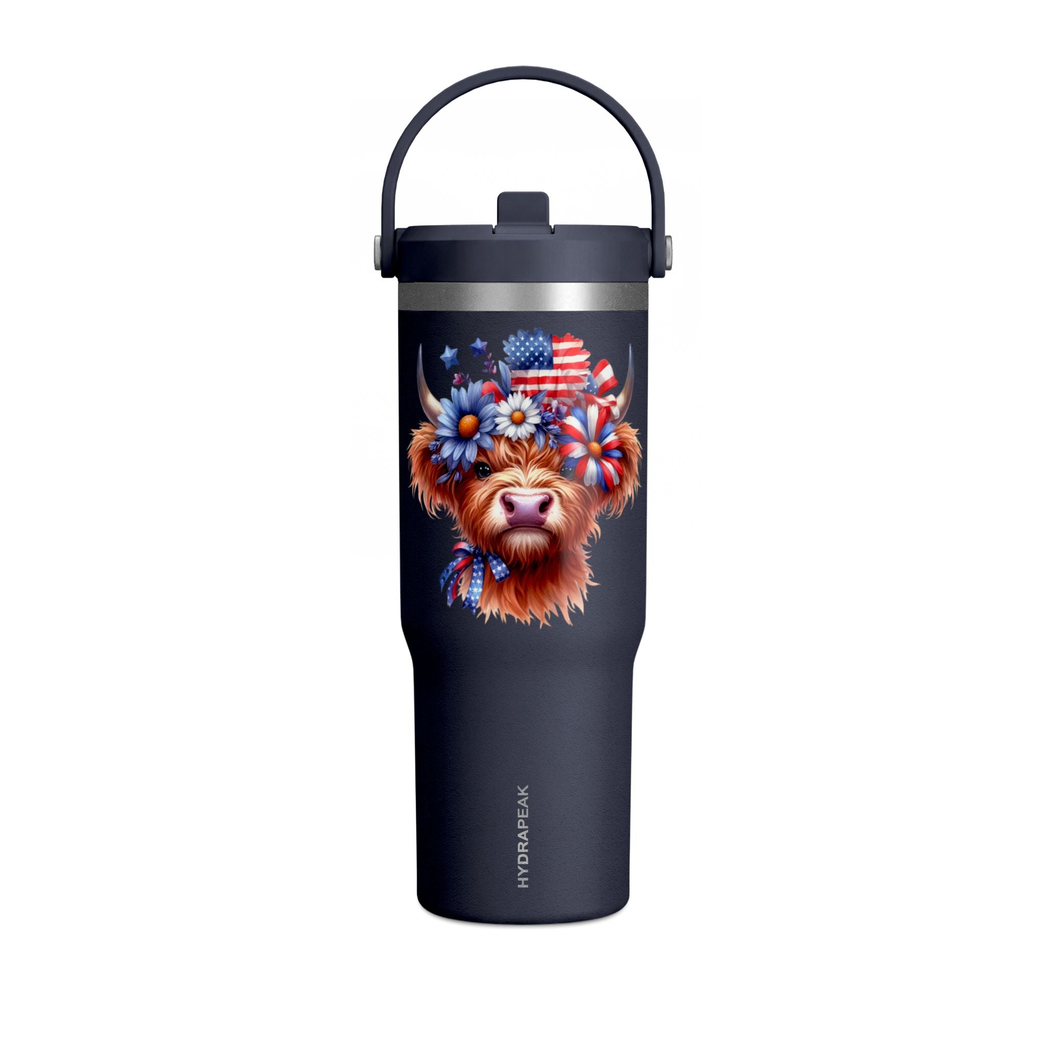 Patriotic Highland Cow 32oz Tumbler – Insulated Travel Mug with American Flag Floral Design