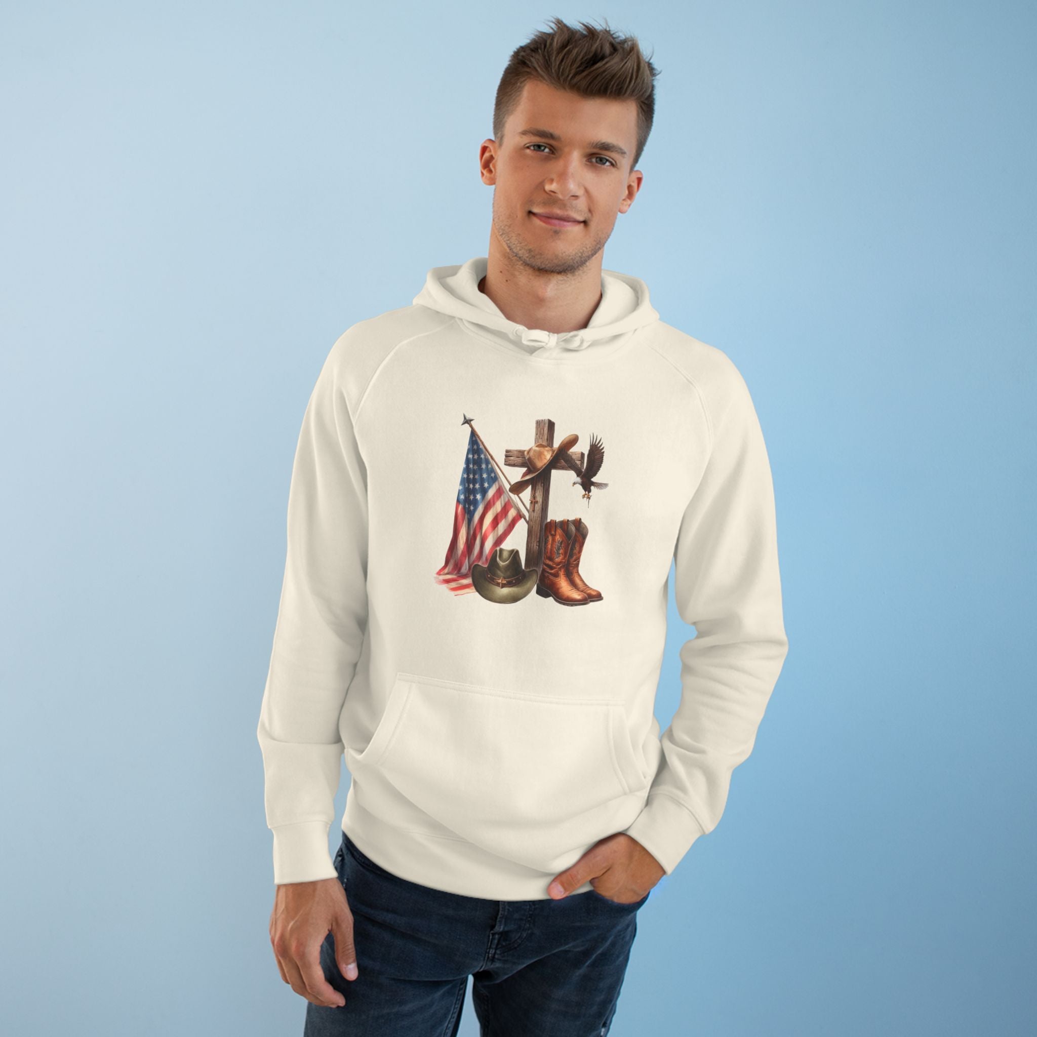 Patriotic Western Hoodie – American Flag, Cowboy Boots & Cross Graphic