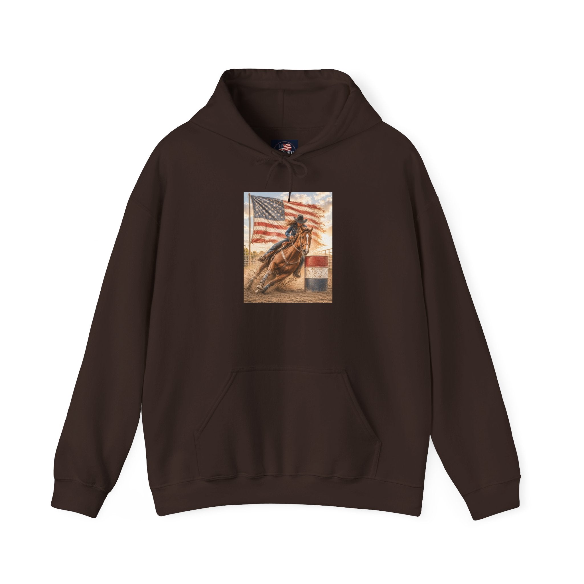 Patriotic Rodeo Horse Hoodie – American Flag Cowboy Pulled by Horse Pullover