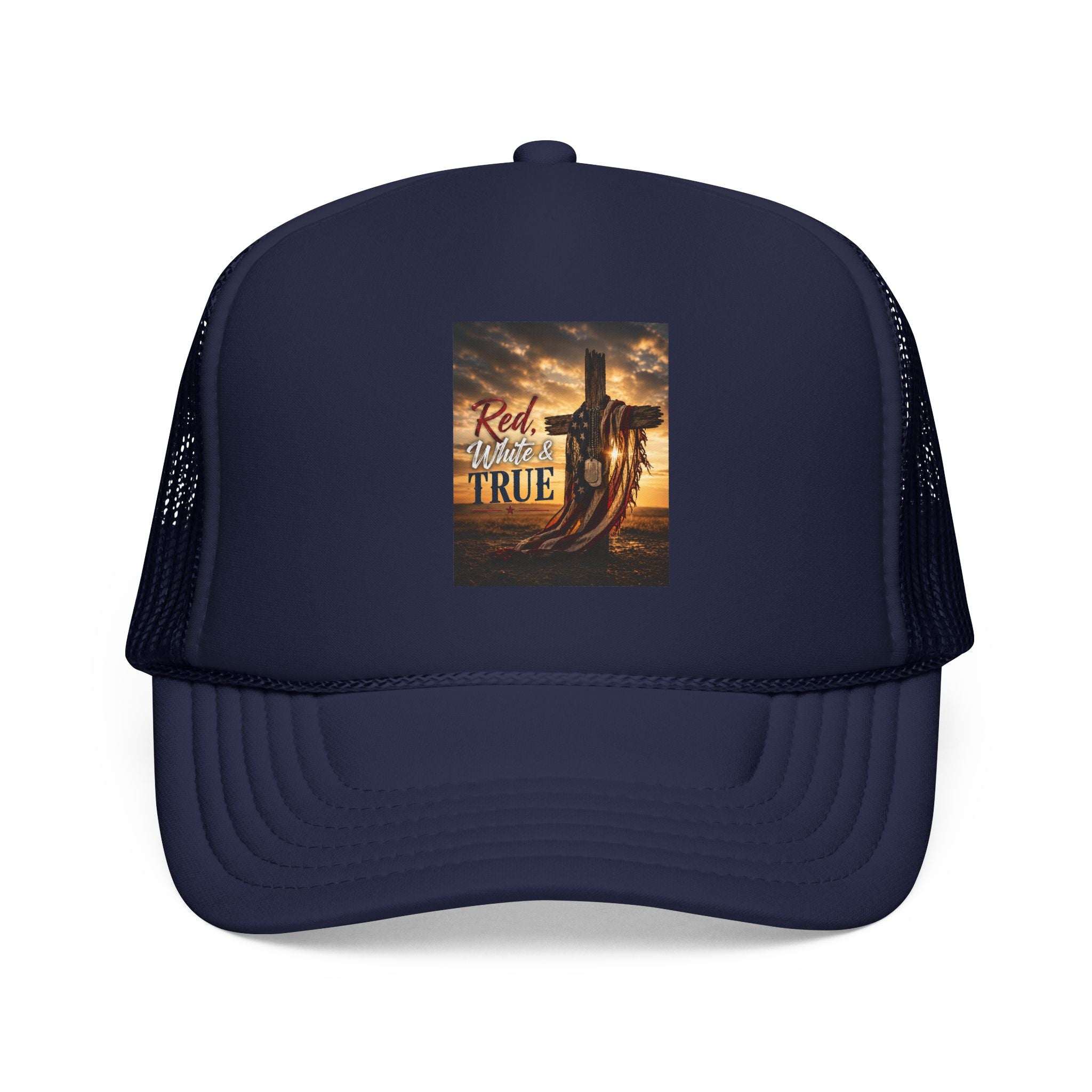 Trucker Hat — "God Made A Farmer" Cross Sunset Foam Trucker Hat