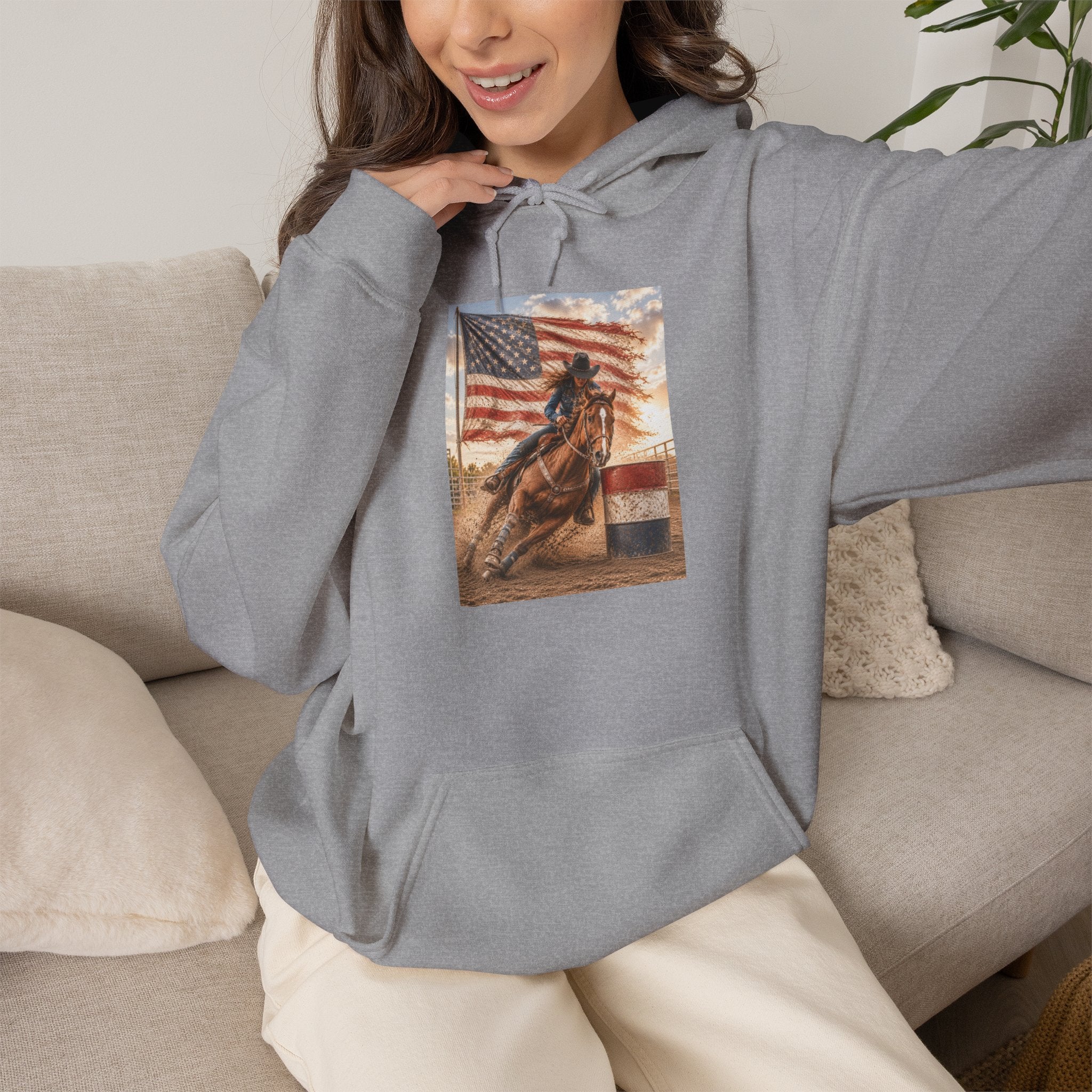 Patriotic Rodeo Horse Hoodie – American Flag Cowboy Pulled by Horse Pullover