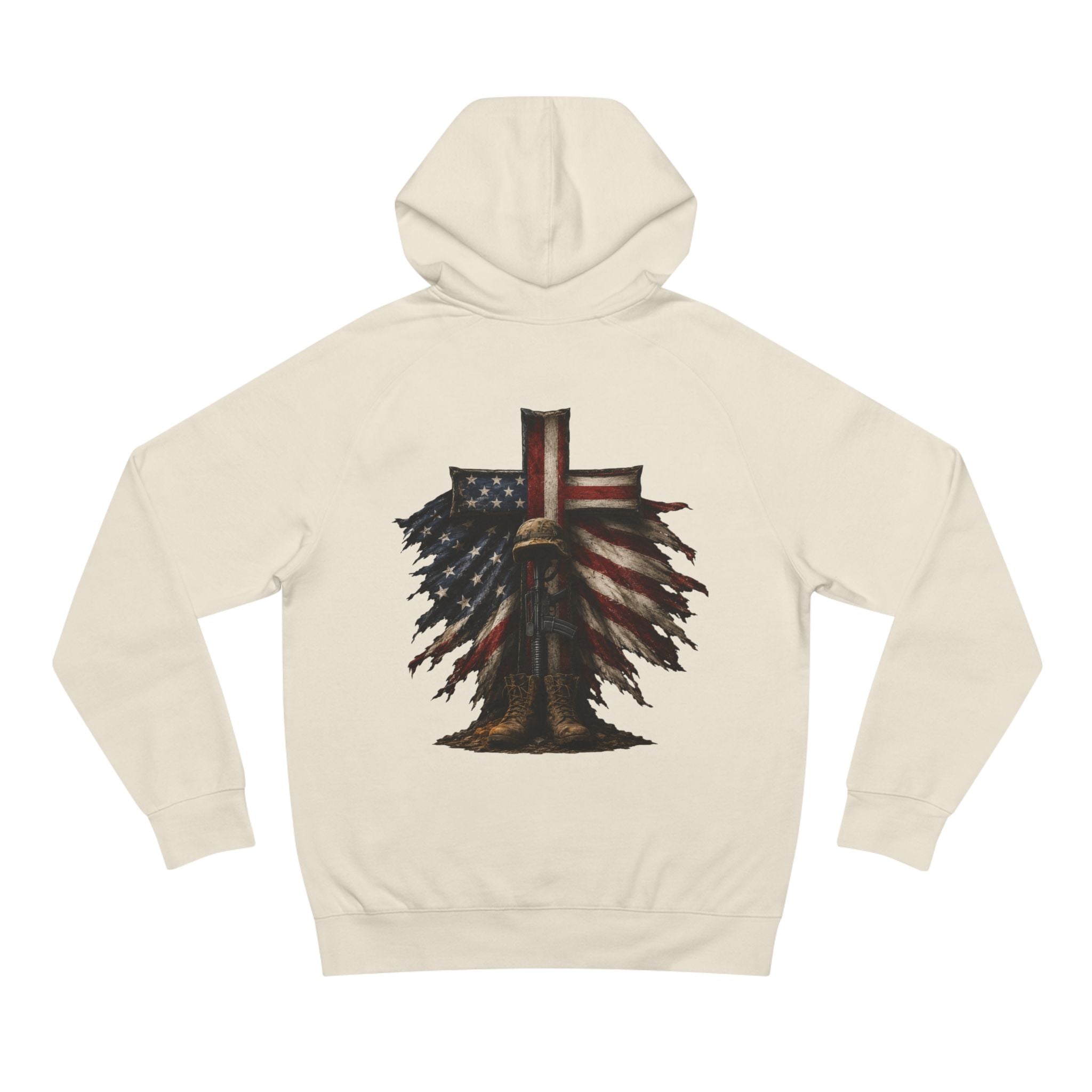 American Flag Cross Hoodie — Patriotic Skull & Wings Back Graphic